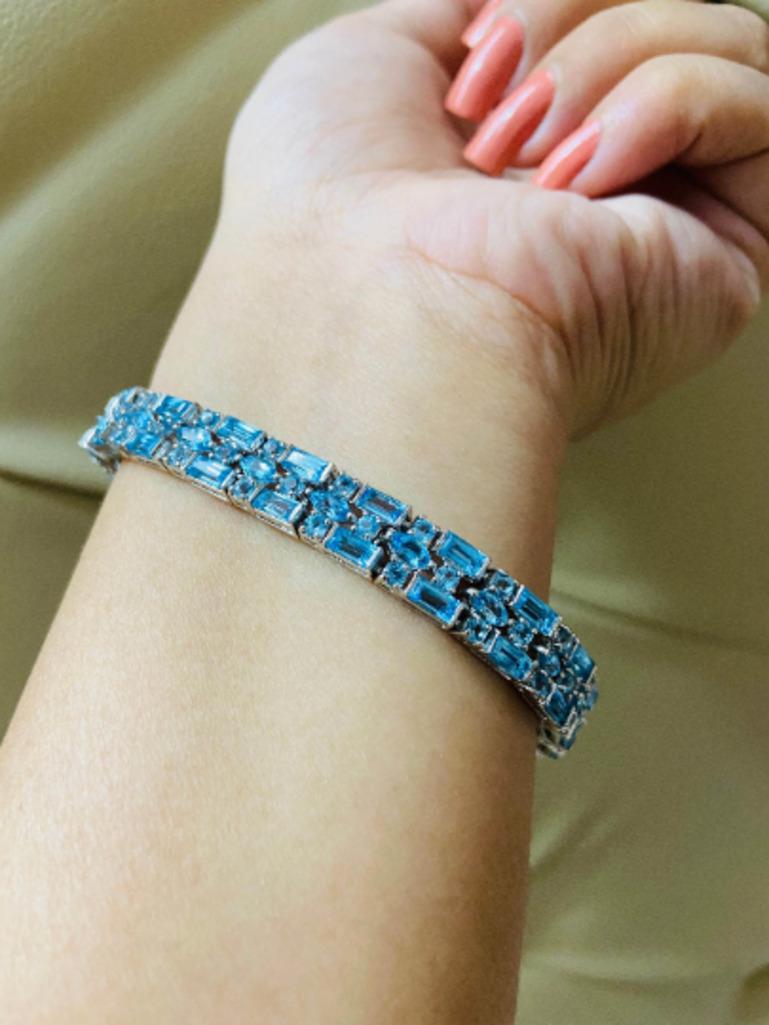 Art Nouveau Art Deco Natural Blue Topaz Tennis Bracelet for Mothers Day Jewelry in Silver For Sale