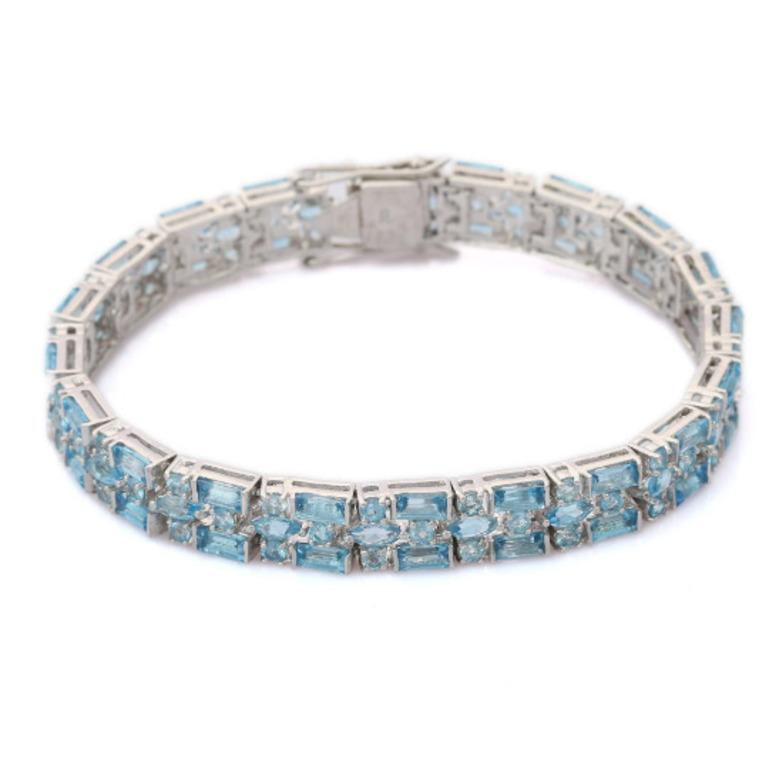 Octagon Cut Art Deco Natural Blue Topaz Tennis Bracelet for Mothers Day Jewelry in Silver For Sale