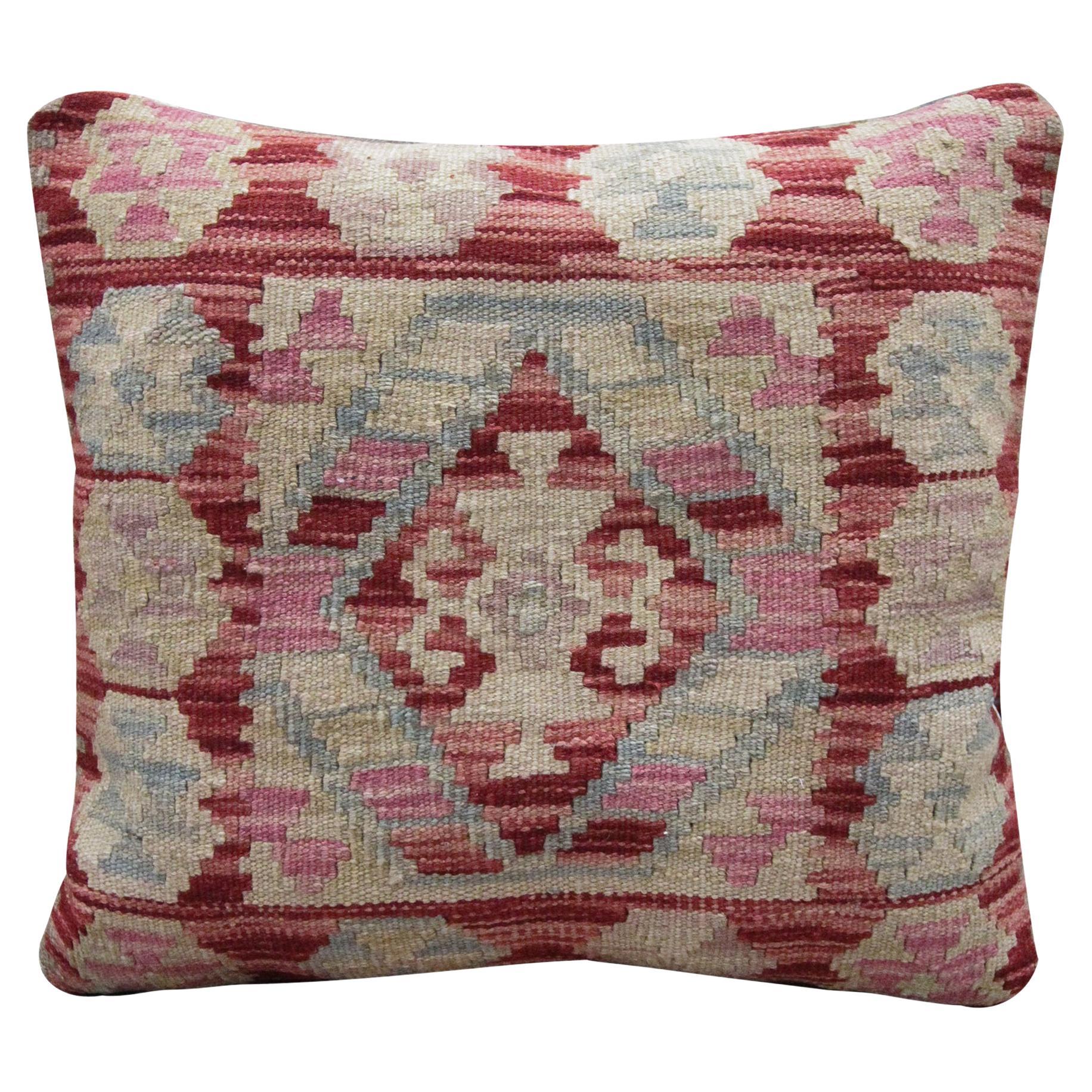 Handmade Blush Pink Wool Kilim Cushion Traditional Geometric Scatter Pillow
