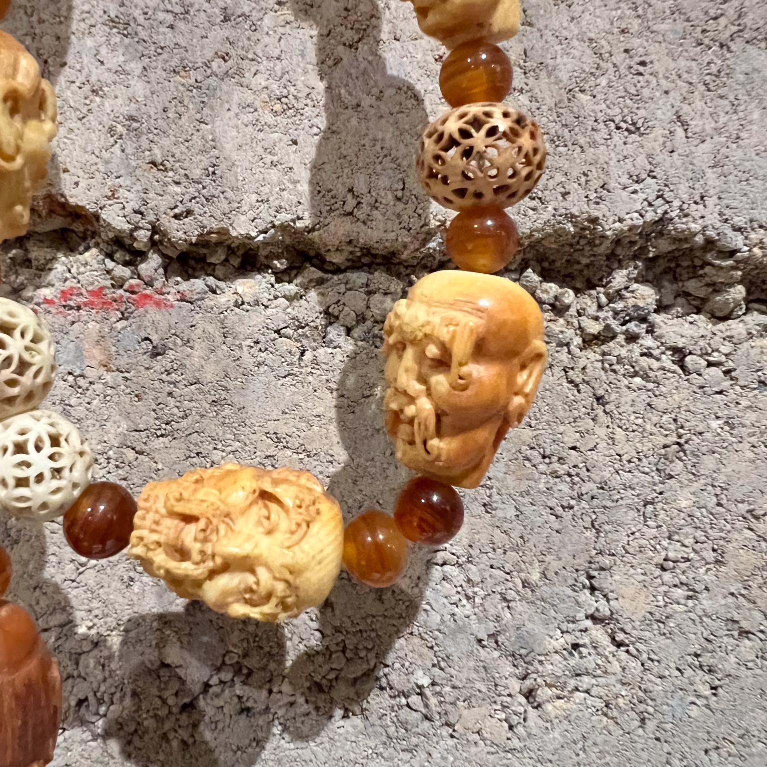 Handmade Bohemian Beaded Amber Necklace Carved Chinese Dynasty Peach Pit Bone 1