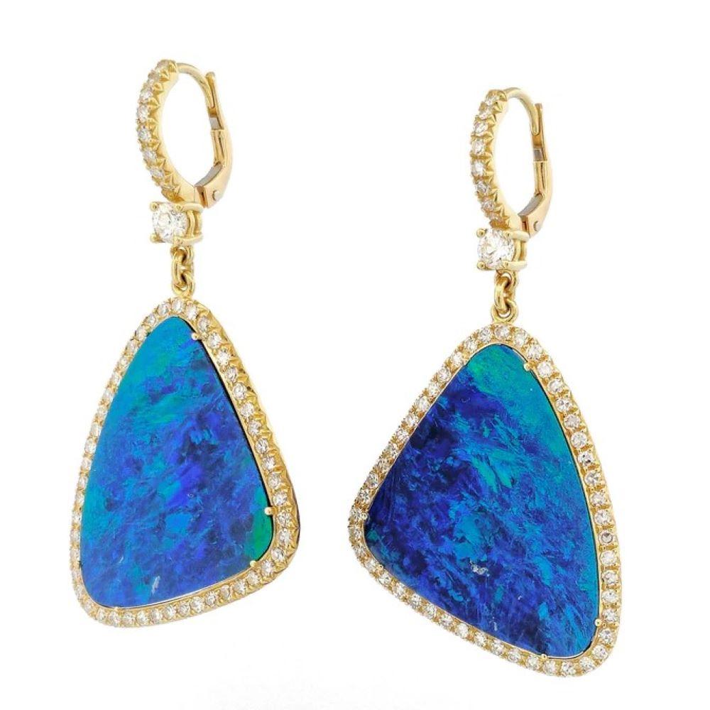 Feel the luxurious power of 27.32 carats of stunning Boulder Opals embraced by the finest diamonds, 114 in total, surrounding the Opals and rising up the 18kt. Yellow gold and pave diamond bail. Our handmade H&H Collection Drop Earrings are sure to