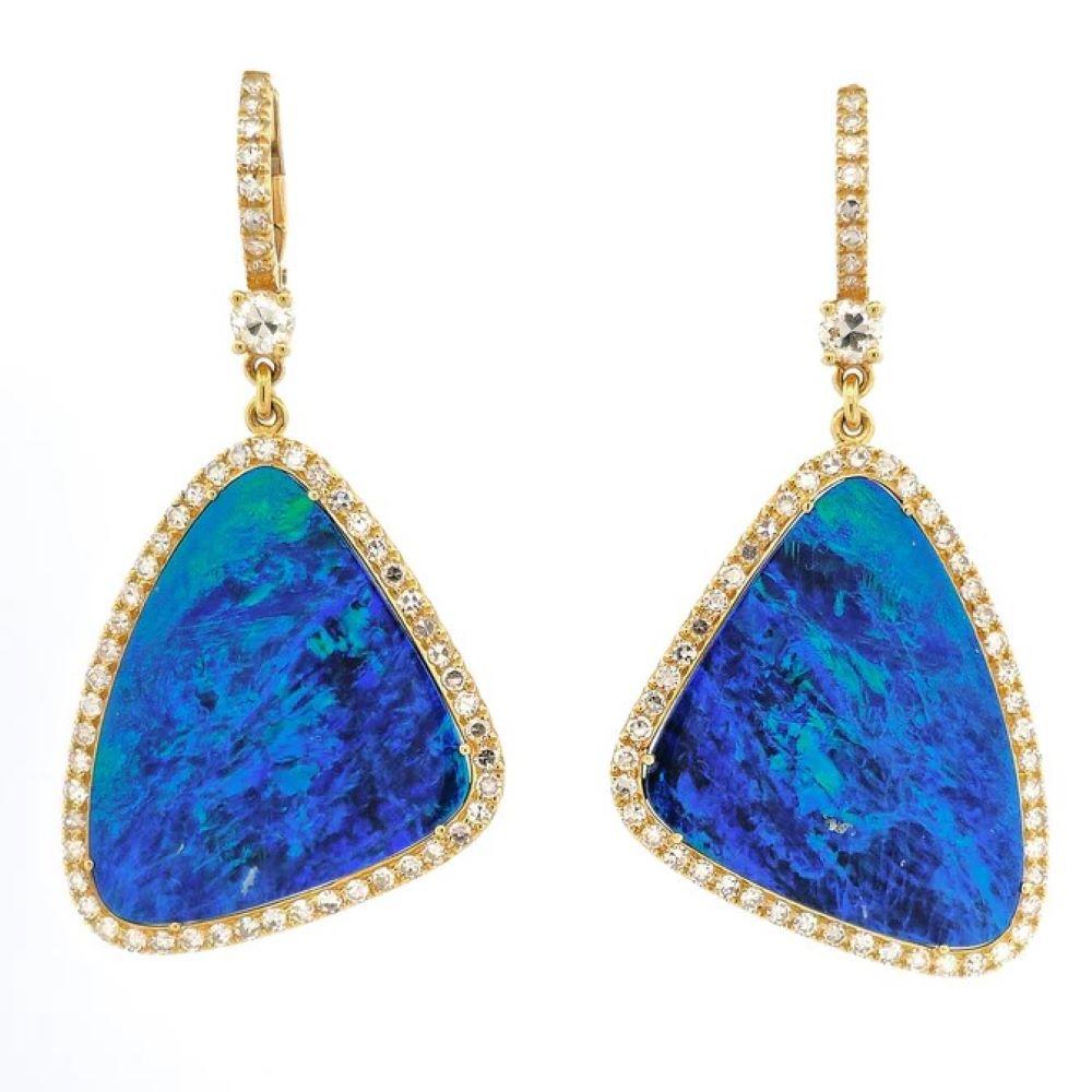 Boucles d'oreilles pendantes faites à la main en or jaune avec diamants pavés et opale de Boulder Pour femmes en vente
