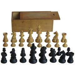 Antique Handmade Boxwood Chess Set Complete Game Pine Lidded Box 70mm Kings, circa 1920