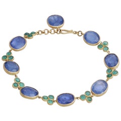 Handmade Bracelet with Natural Sapphires and Emerald Cabochons in 18K Matte Gold