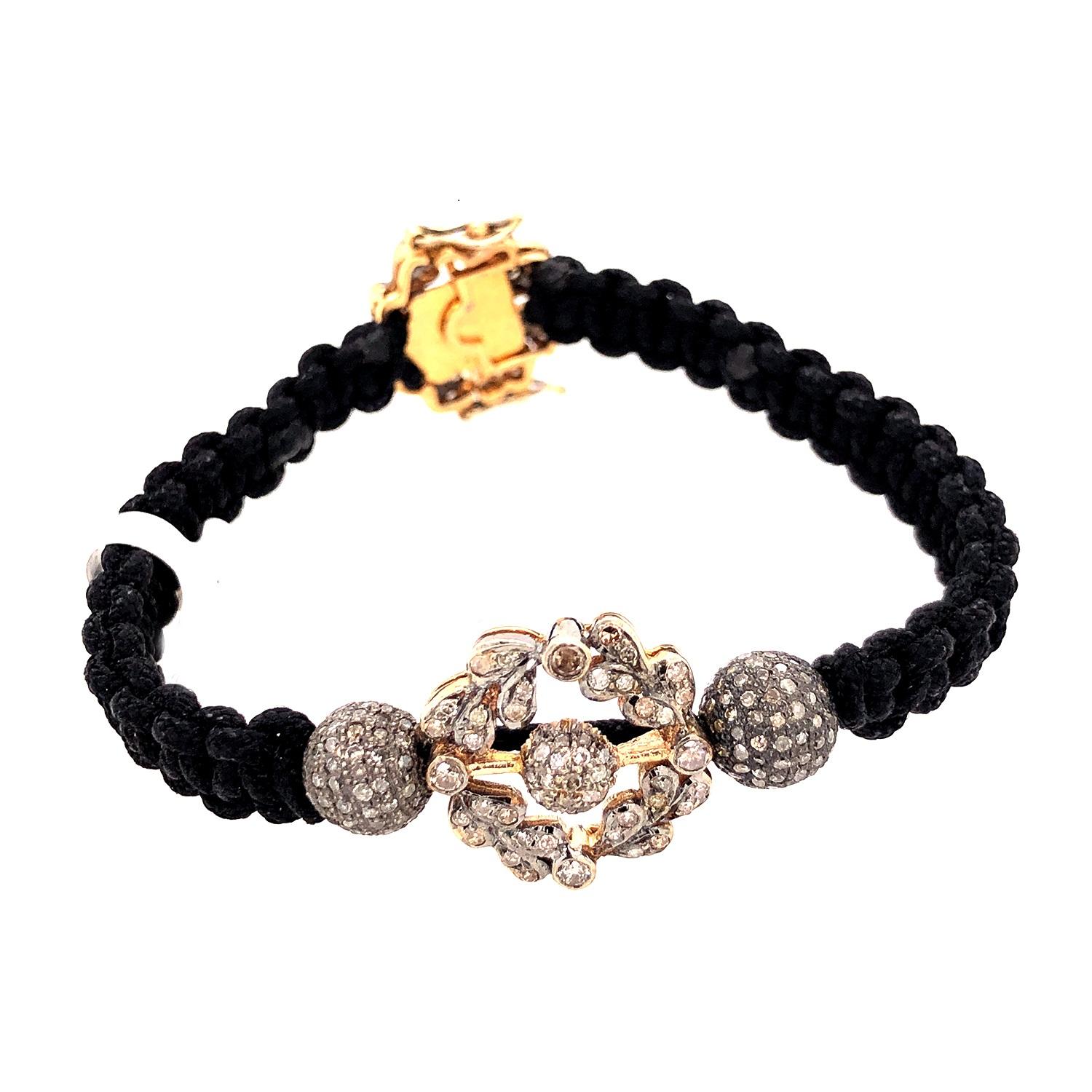 Handmade Bracelet With Pave Diamond Balls & Flowery Shaped Charm For Sale 1