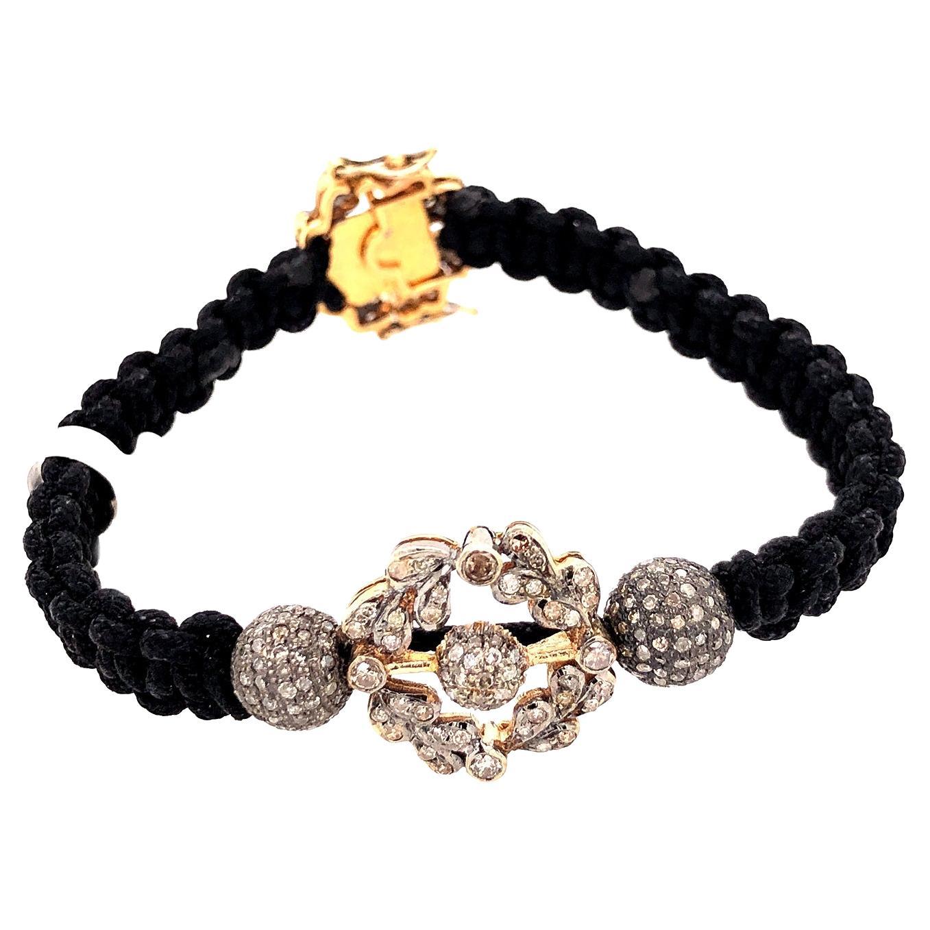 Handmade Bracelet With Pave Diamond Balls & Flowery Shaped Charm For Sale