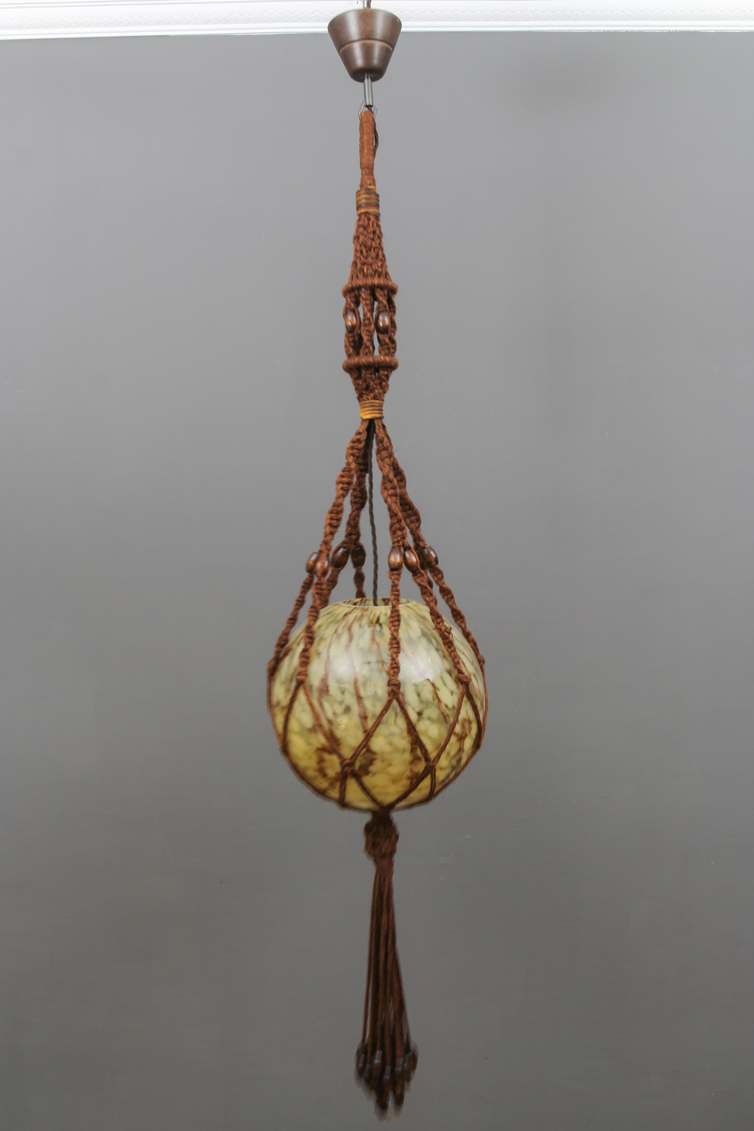 Hand-Crafted Handmade Braided Sisal and Glass Globe Pendant Light Fixture, 1970s For Sale