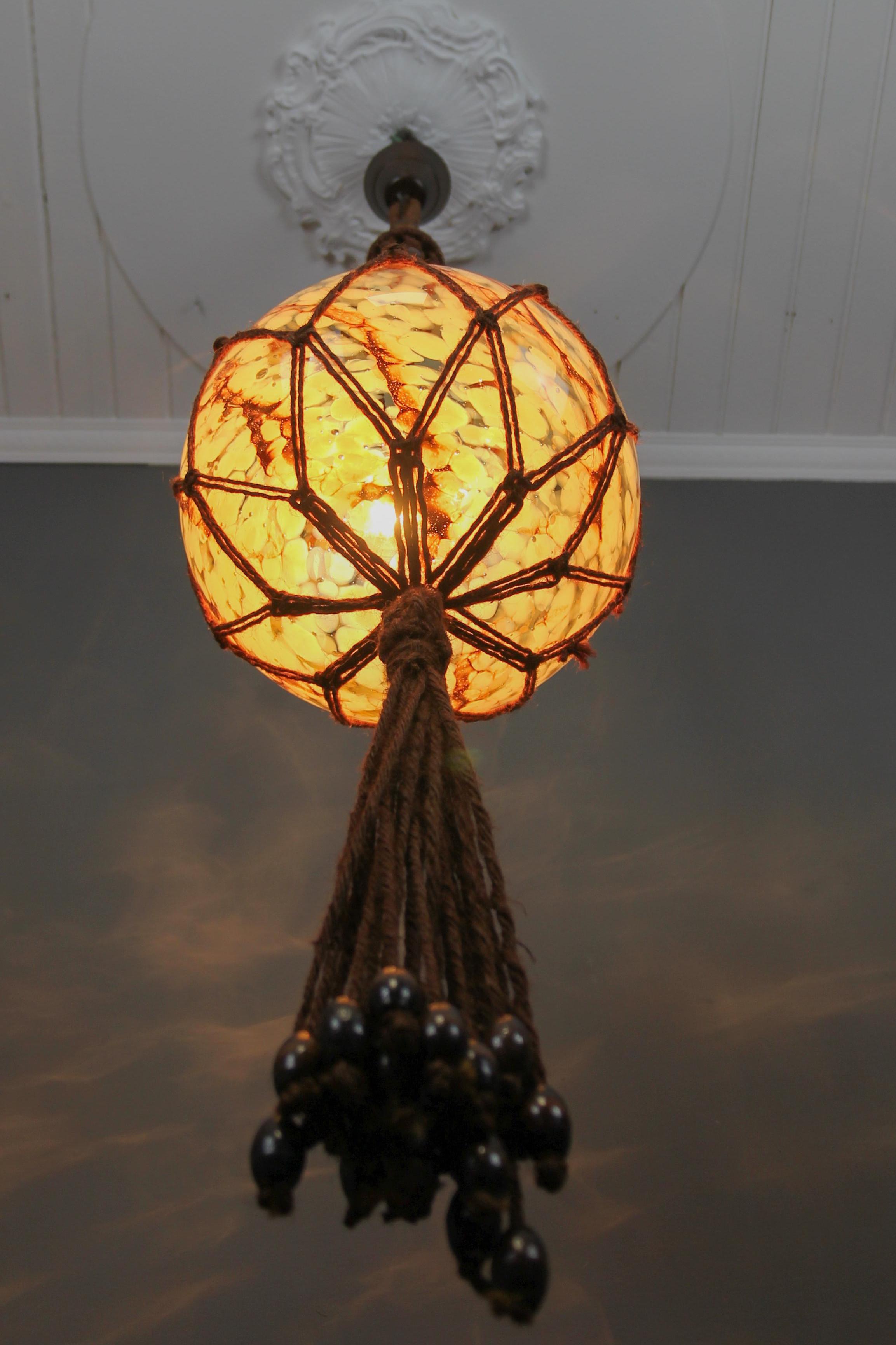 Handmade Braided Sisal and Glass Globe Pendant Light Fixture, 1970s For Sale 1