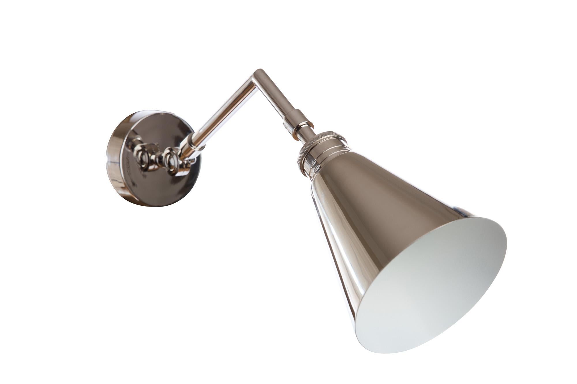 British Handmade Brass adjustable wall sconce with brass cone shade in Polished Nickel