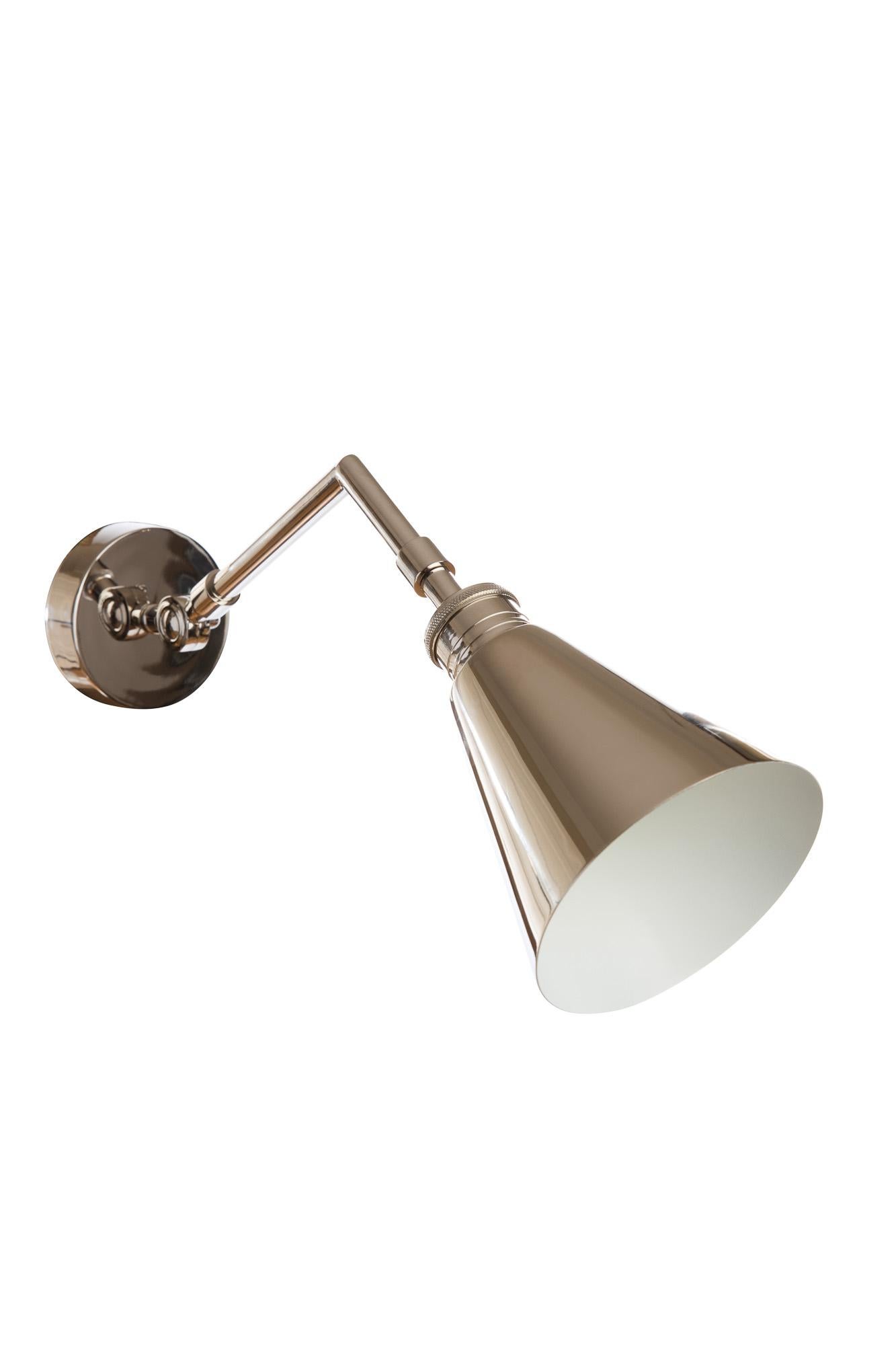 Handmade Brass adjustable wall sconce with brass cone shade in Polished Nickel In New Condition In London, GB