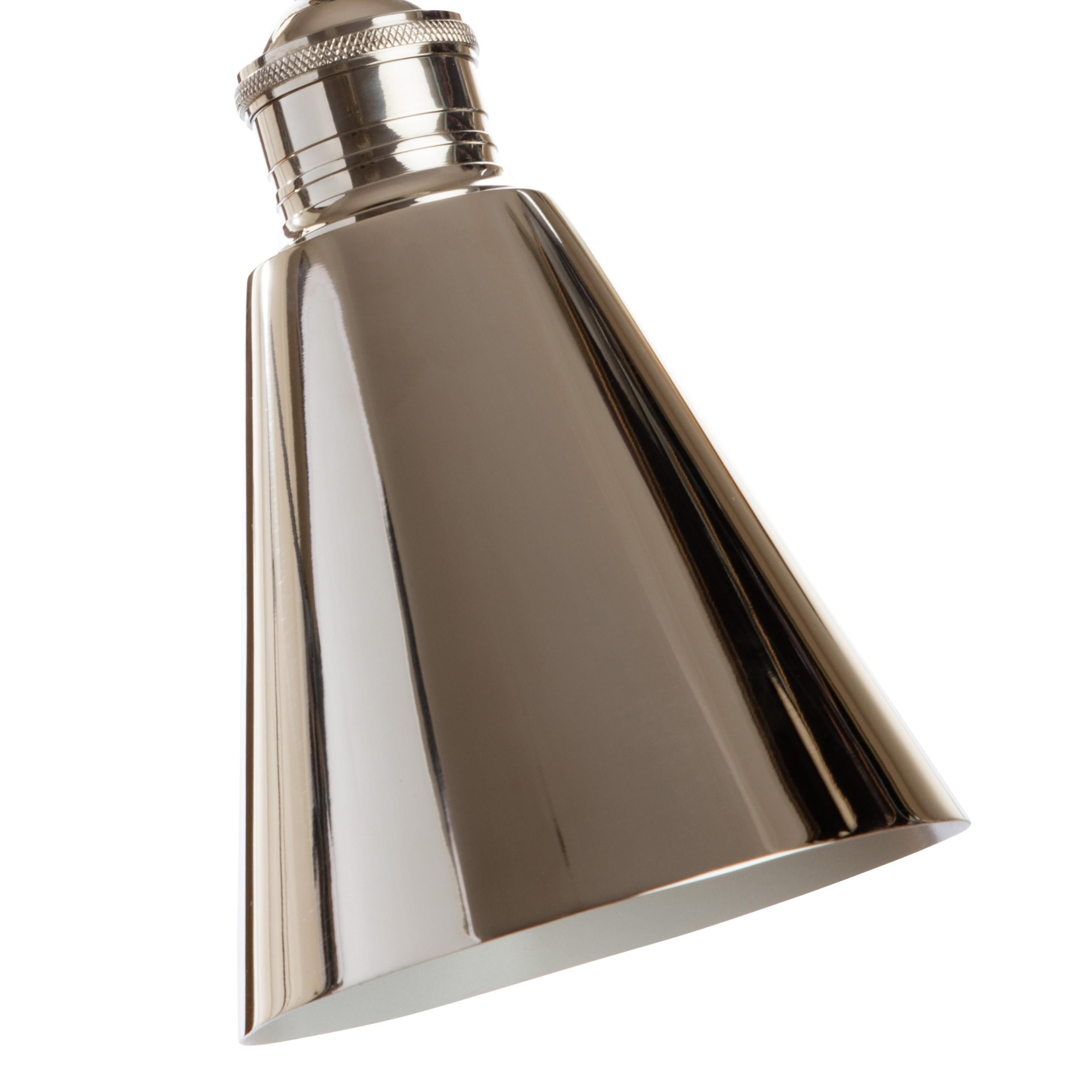 Contemporary Handmade Brass adjustable wall sconce with brass cone shade in Polished Nickel