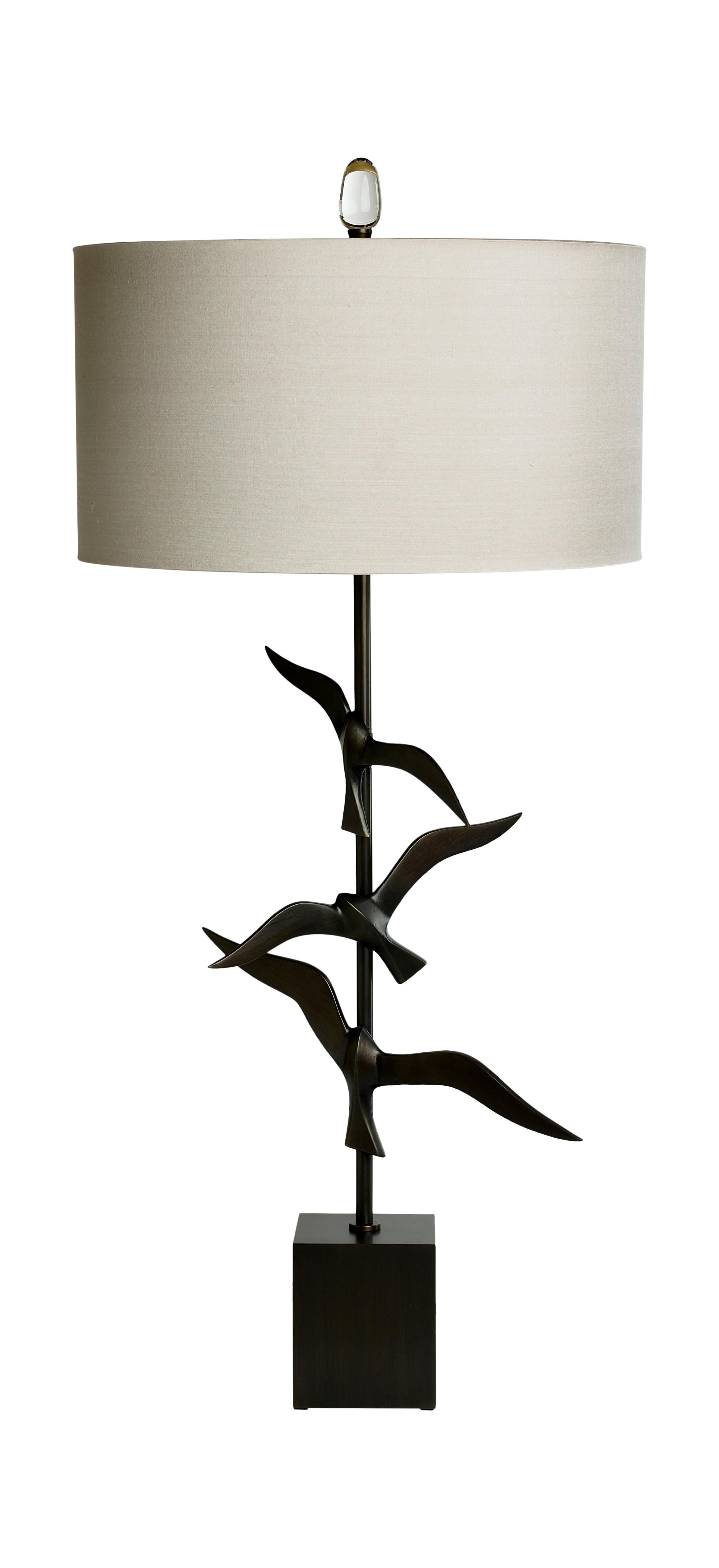 Mid-Century Modern Handmade Brass and cast Bronze Oiseau Table lamp with 3 adjustable flying birds For Sale