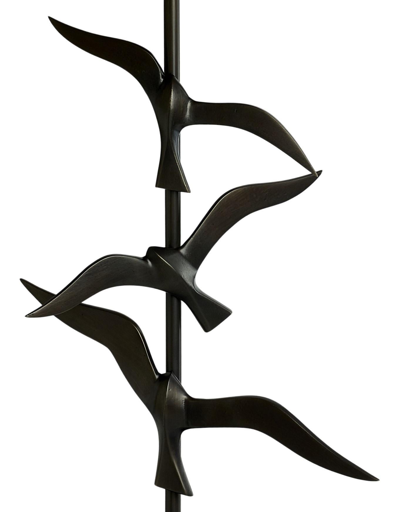 Metalwork Handmade Brass and cast Bronze Oiseau Table lamp with 3 adjustable flying birds For Sale