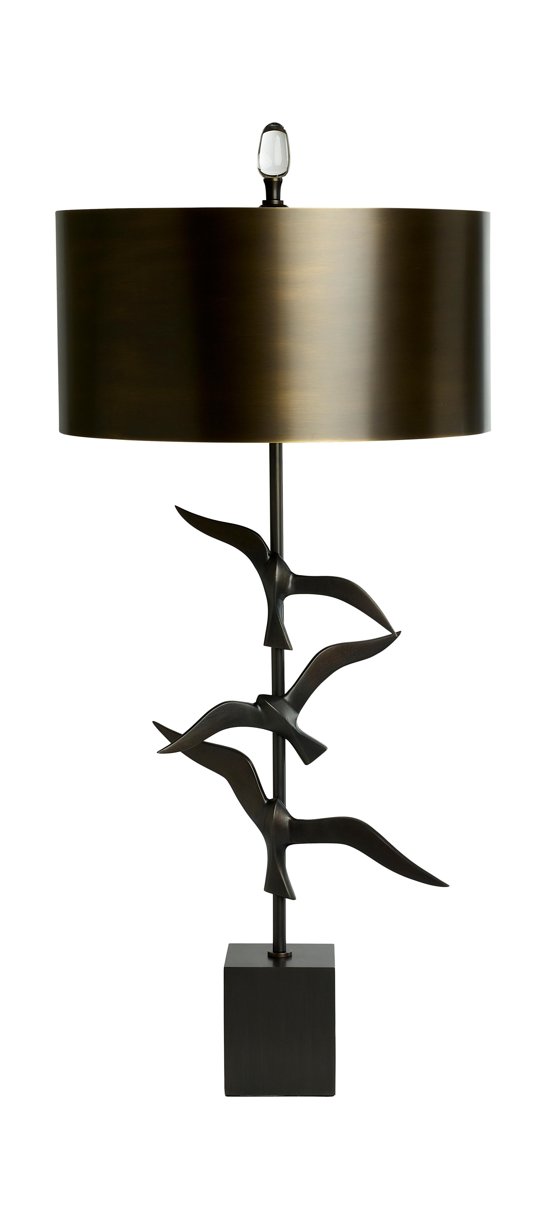 Contemporary Handmade Brass and cast Bronze Oiseau Table lamp with 3 adjustable flying birds For Sale