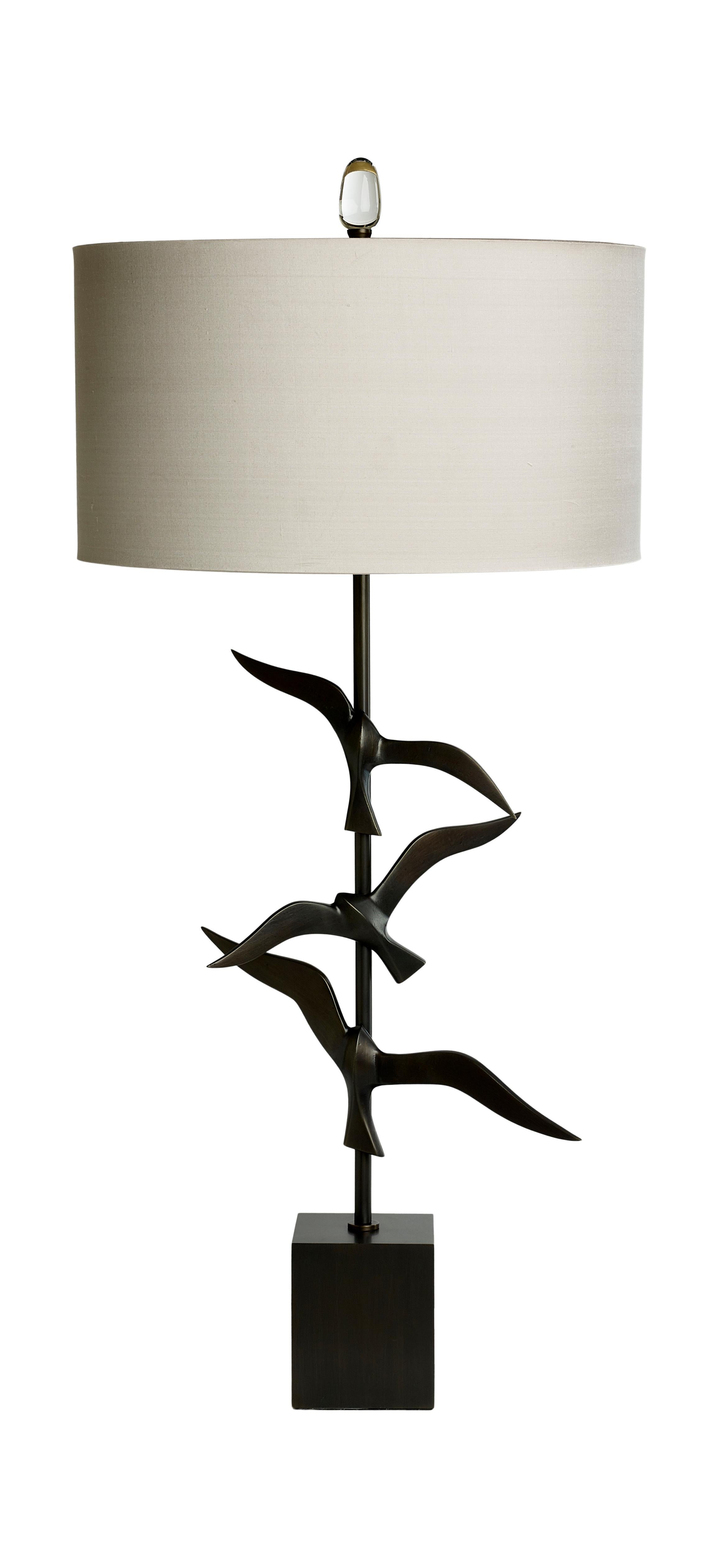Handmade Brass and cast Bronze Oiseau Table lamp with 3 adjustable flying birds For Sale 2
