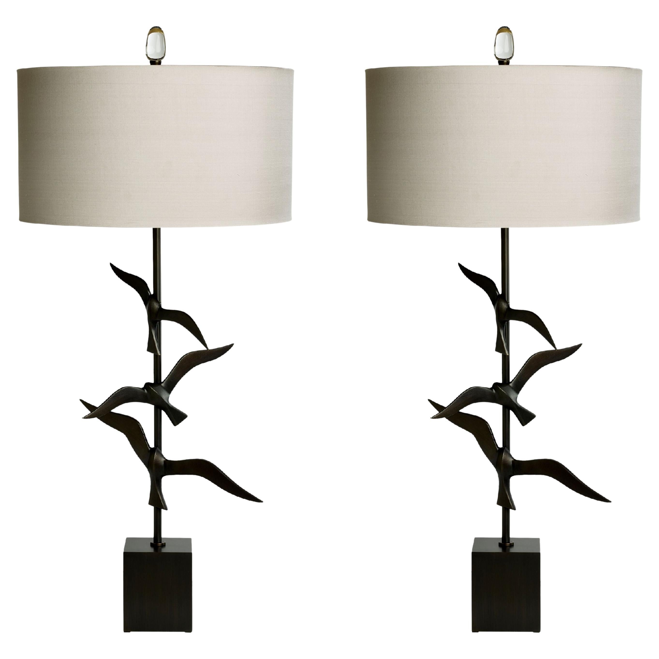 Handmade Brass and cast Bronze Oiseau Table lamp with 3 adjustable flying birds