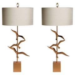 Handmade Brass and cast Bronze Oiseau Table lamp with 3 flying birds in Copper