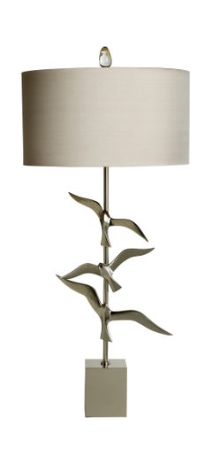 Handmade Brass and cast Bronze Oiseau Table lamp with 3 flying birds in Nickel