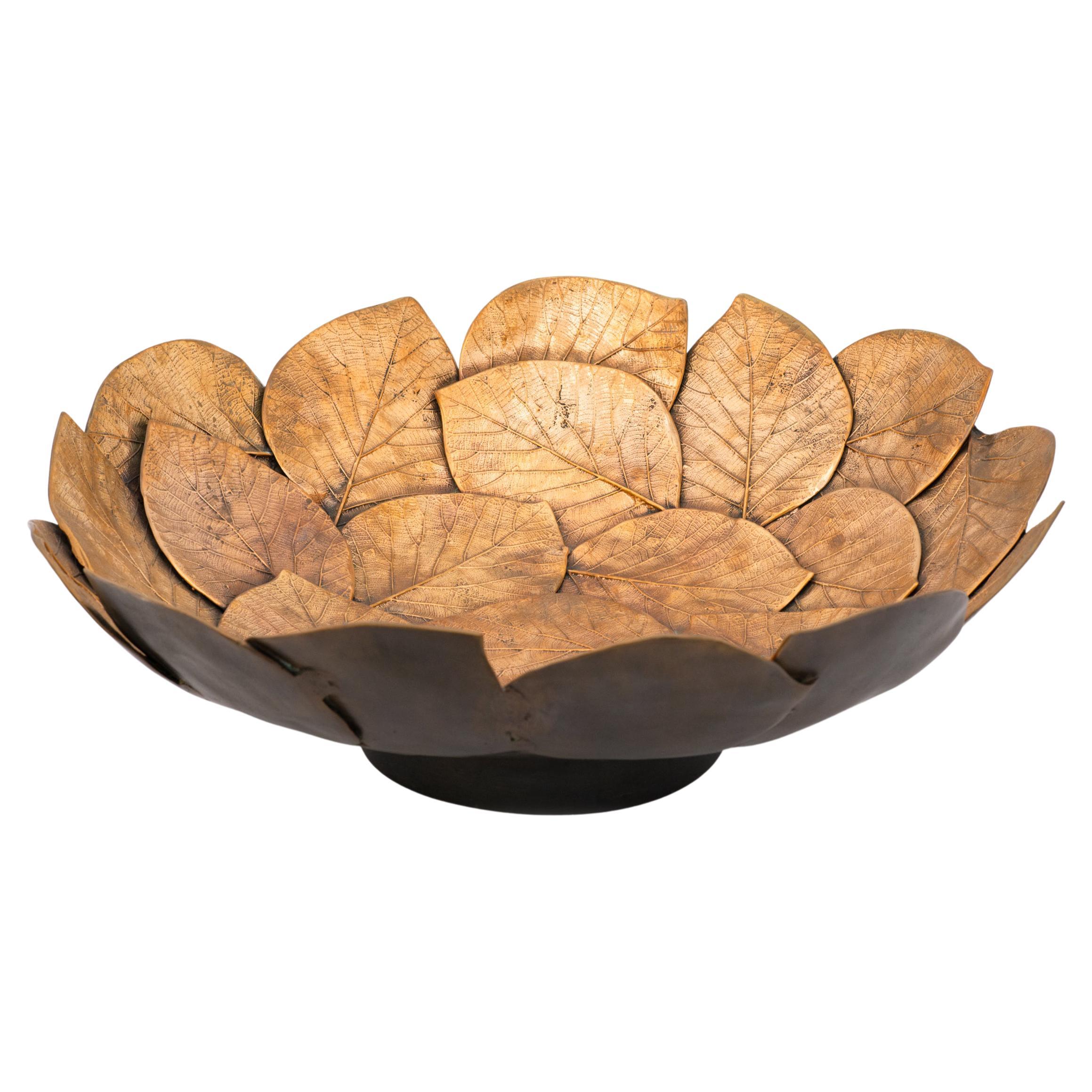 Handmade Brass Cast Leaf Decorative Bowl, Large For Sale