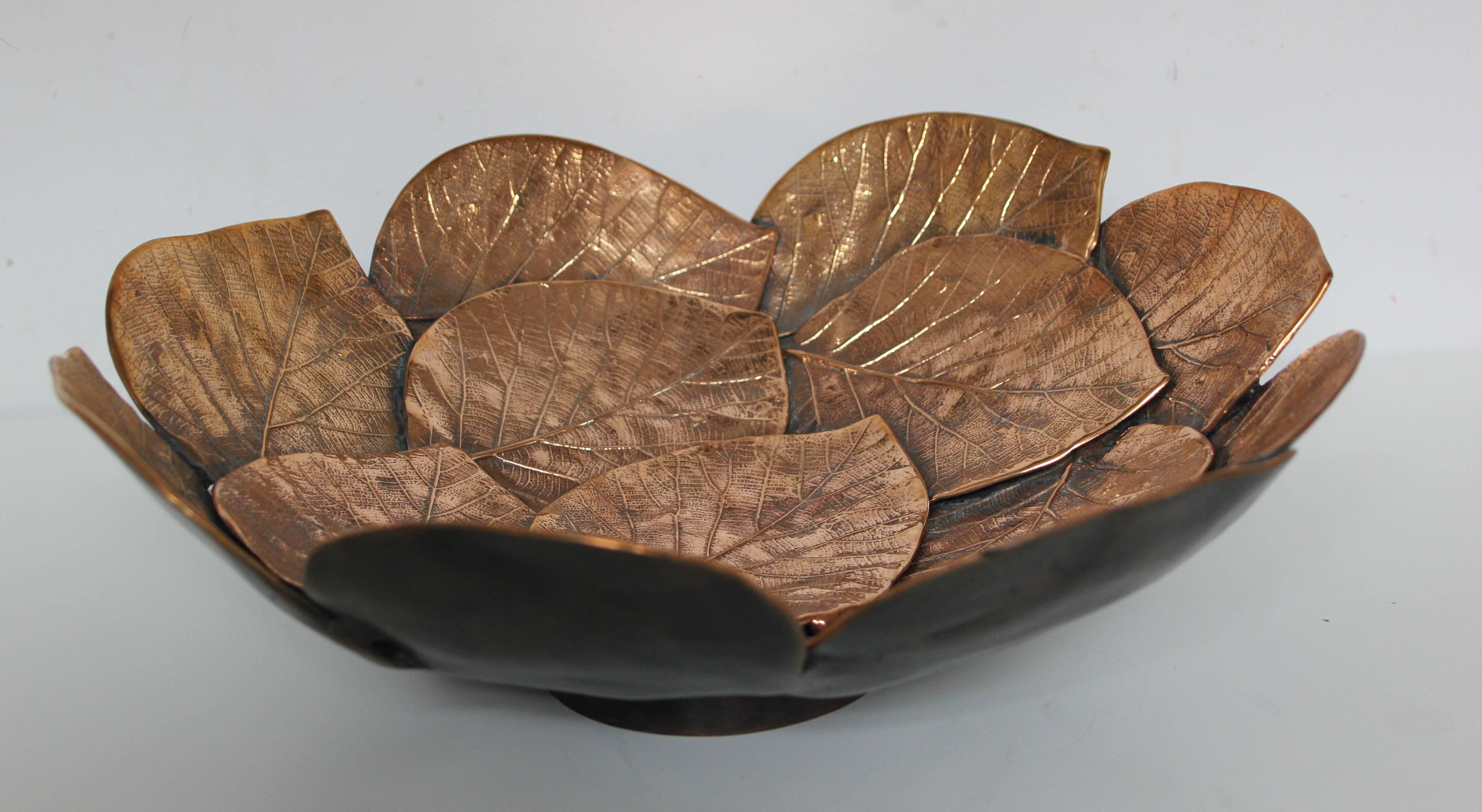 Indian Handmade Brass Cast Leaf Decorative Bowl, Small For Sale