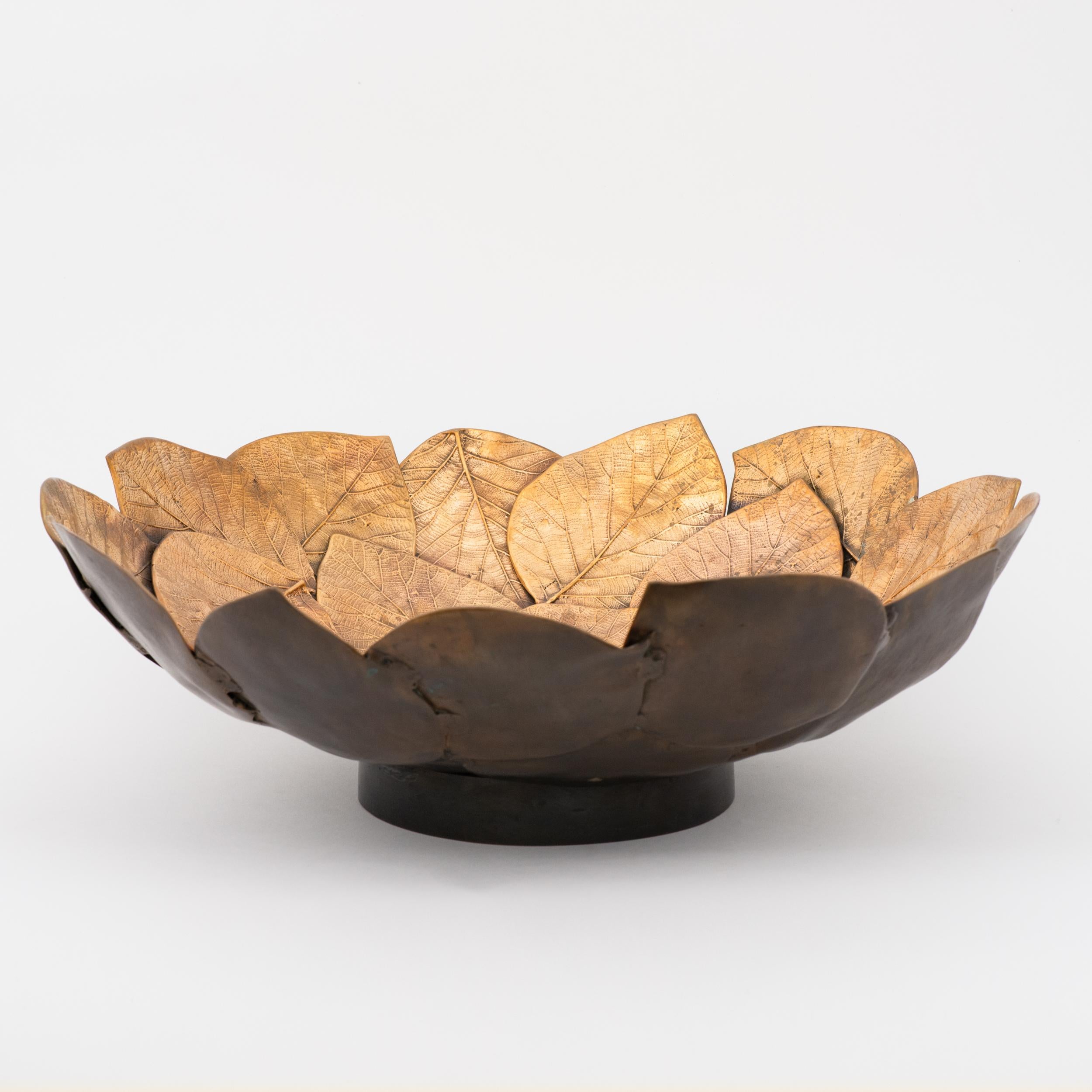 Indian Handmade Brass Cast Leaf Sculptural Bowl, Medium For Sale