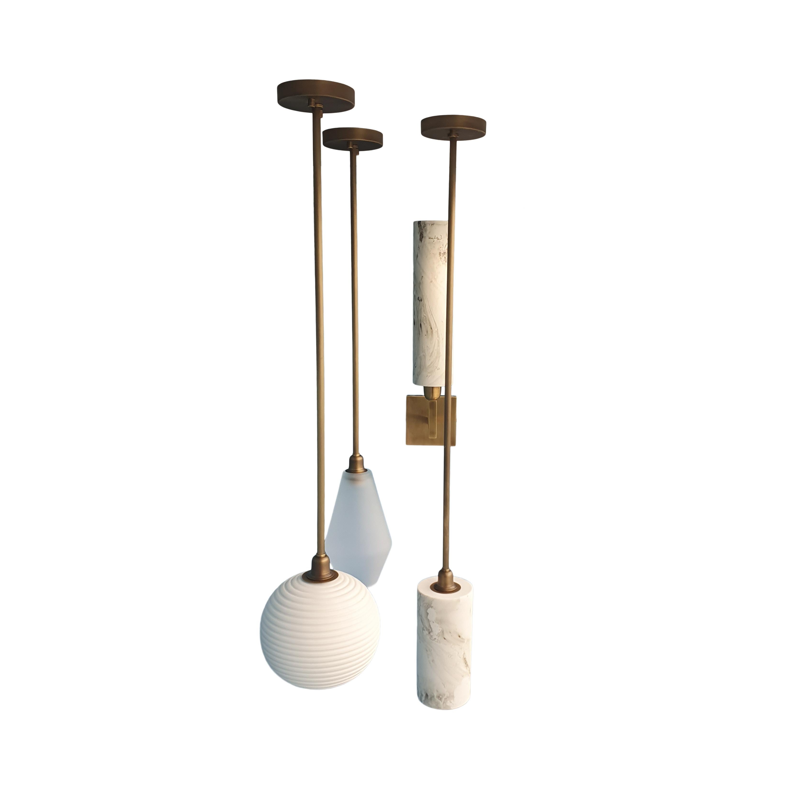 Modern Handmade Brass pendant lights with Frosted Glass or Unglazed Porcelain shades For Sale