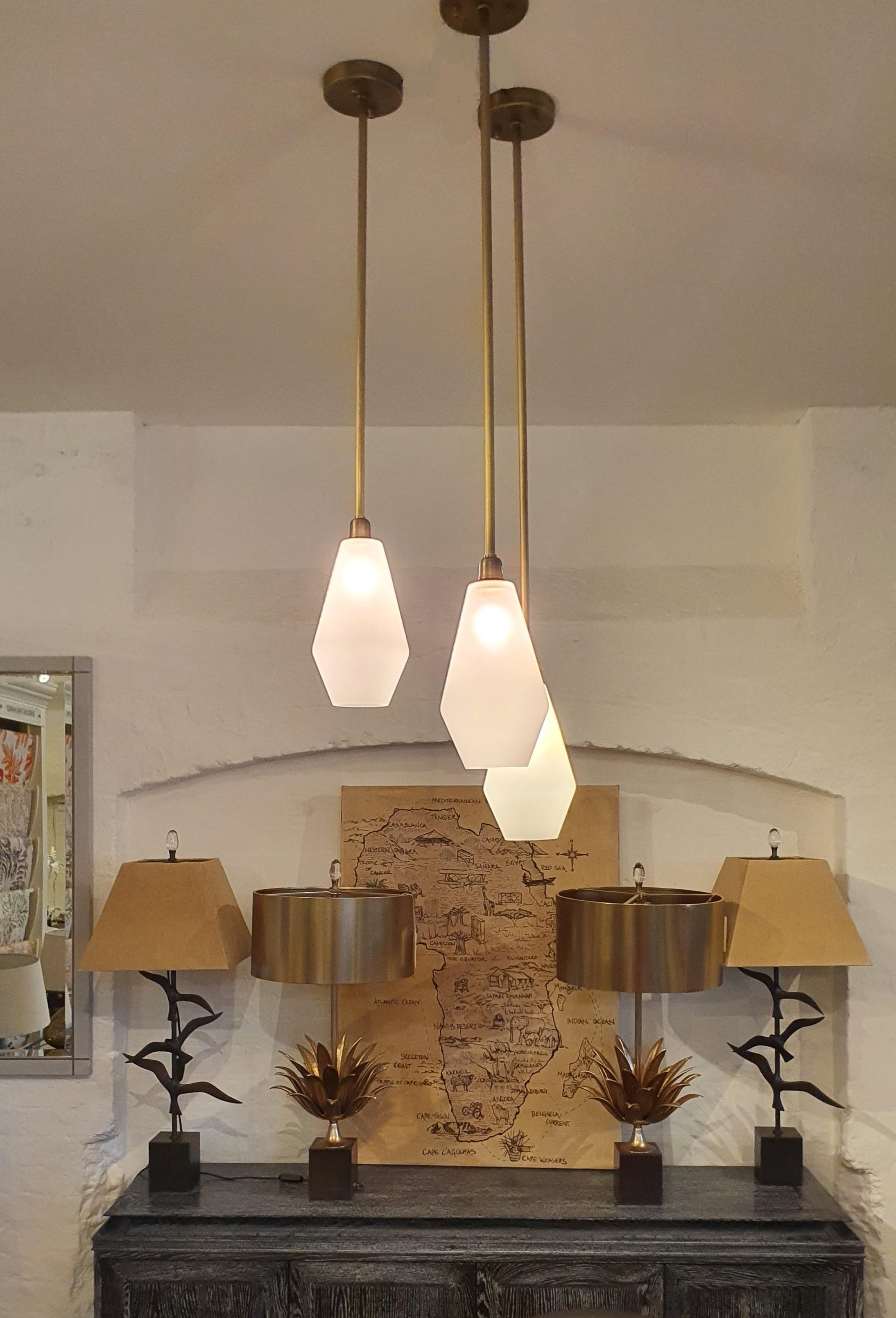 Brushed Handmade Brass pendant lights with Frosted Glass or Unglazed Porcelain shades For Sale