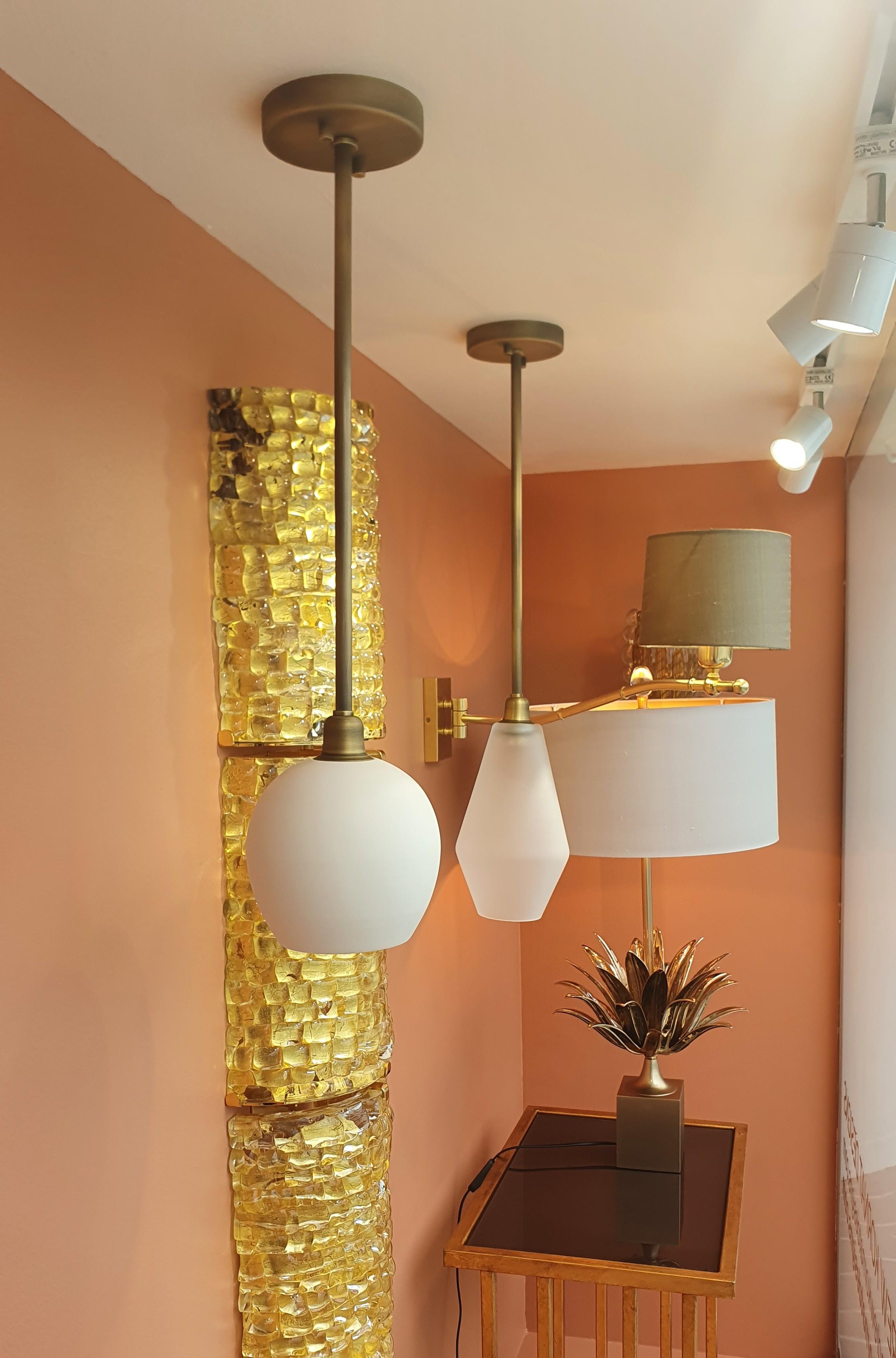 Contemporary Handmade Brass pendant lights with Frosted Glass or Unglazed Porcelain shades For Sale