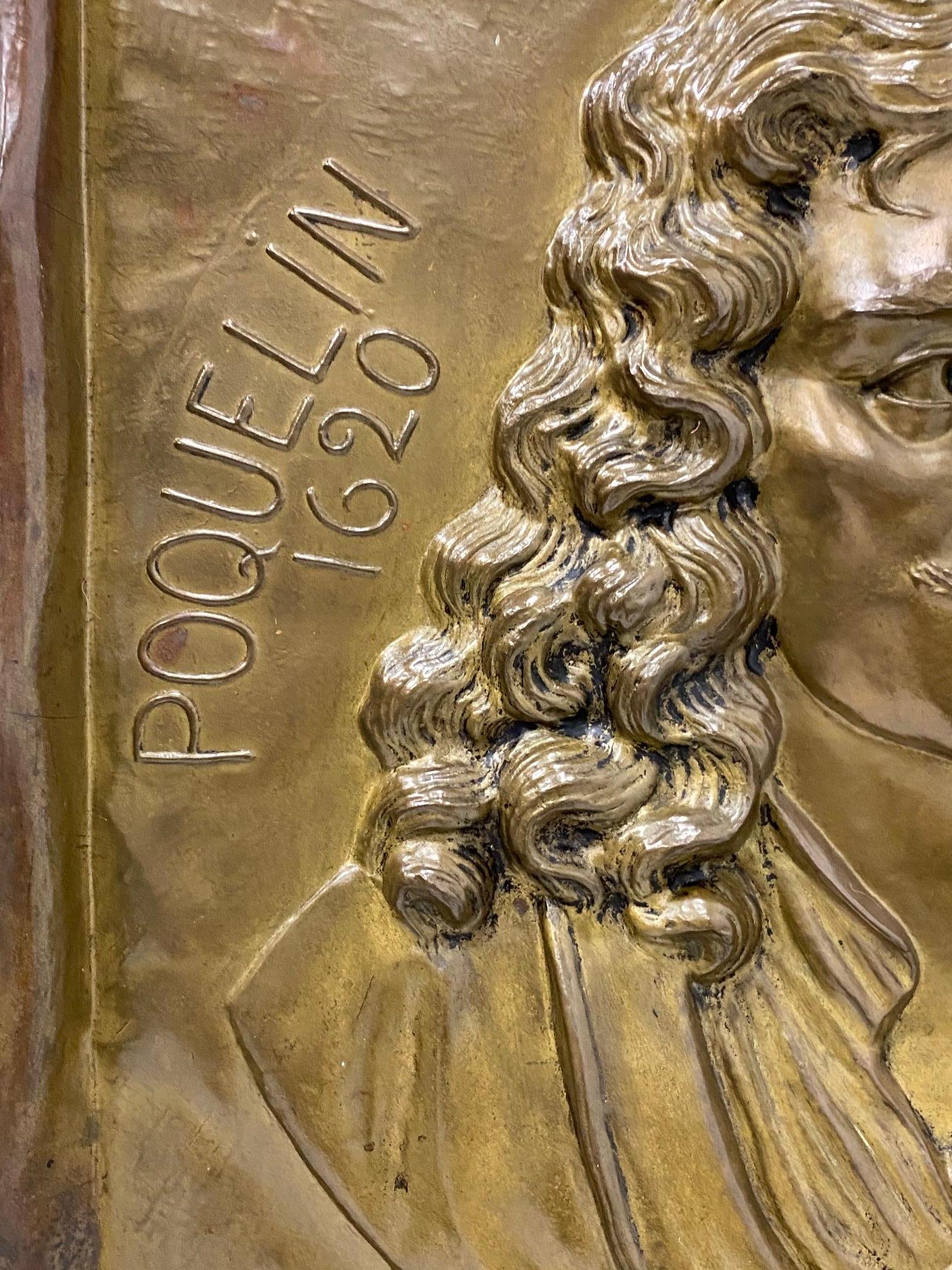 Early 20th Century Handmade Brass Plaque of Poet Moliere For Sale