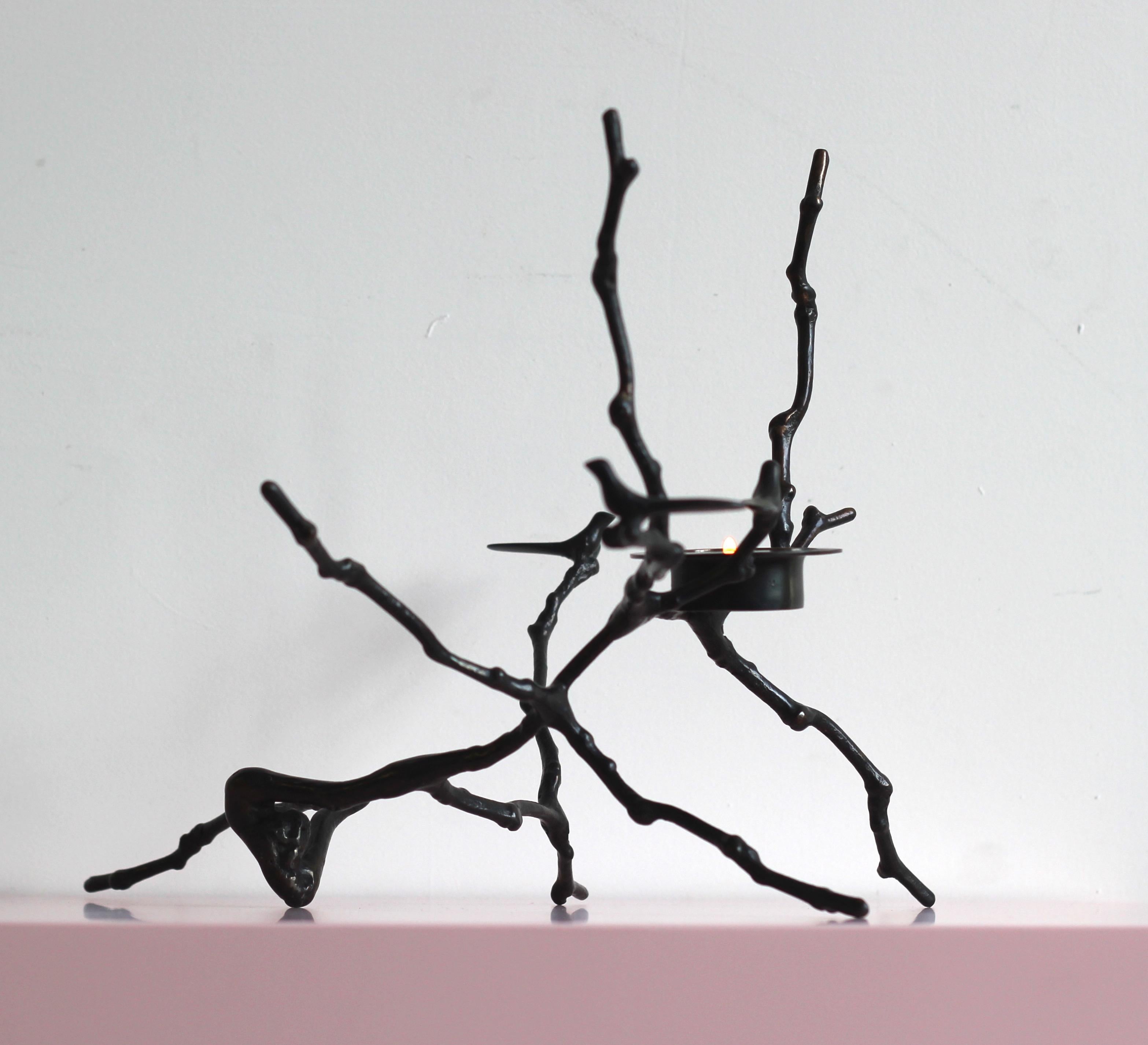 Organic Modern Handmade Bronze Cast Magnolia Twig T-Light Holder with Dark Patina, Tall For Sale