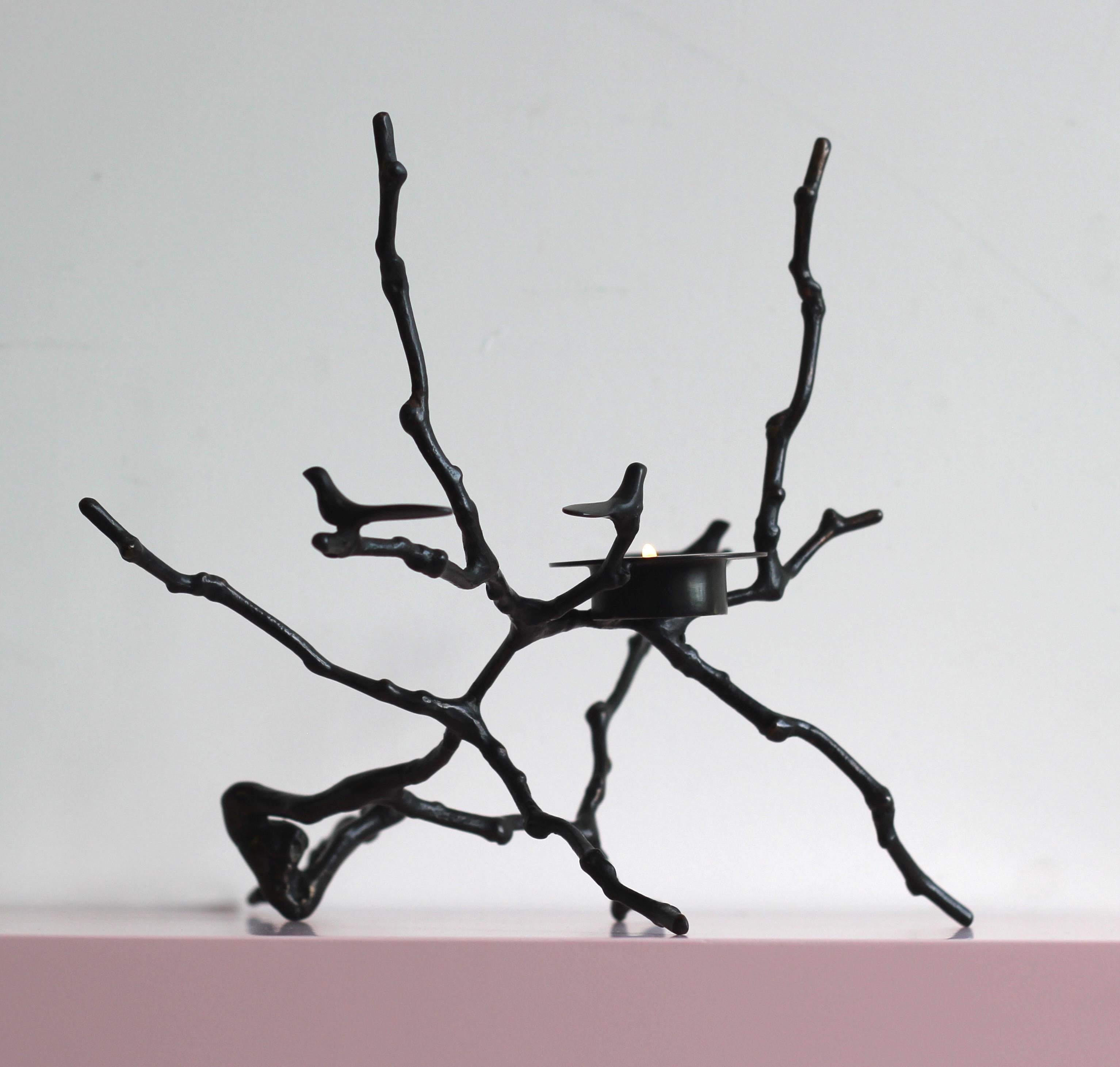 Organic Modern Handmade Bronze Cast Magnolia Twig T-Light Holder with Dark Patina, Tall