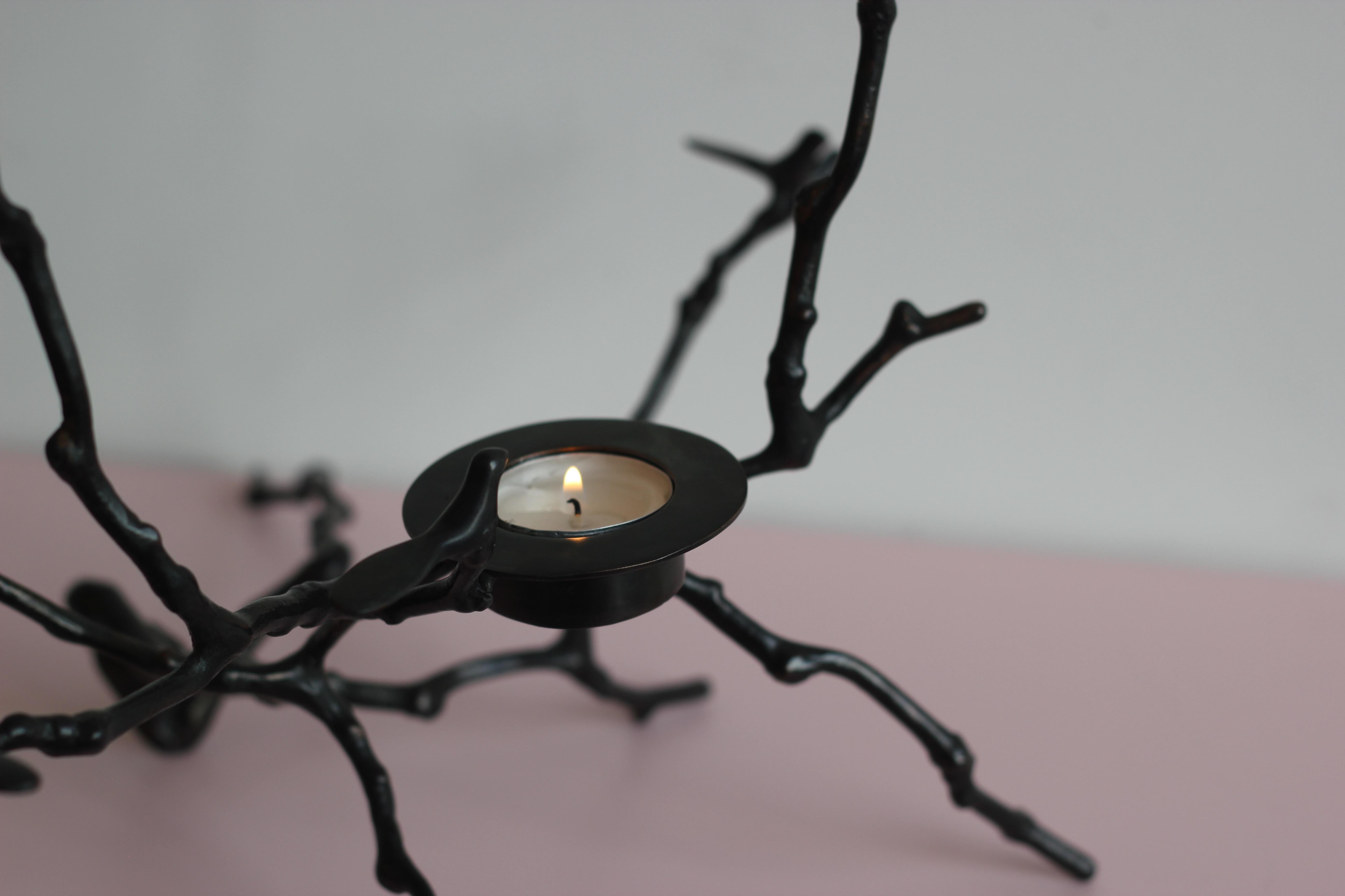 Handmade Bronze Cast Magnolia Twig T-Light Holder with Dark Patina, Tall In New Condition For Sale In London, GB