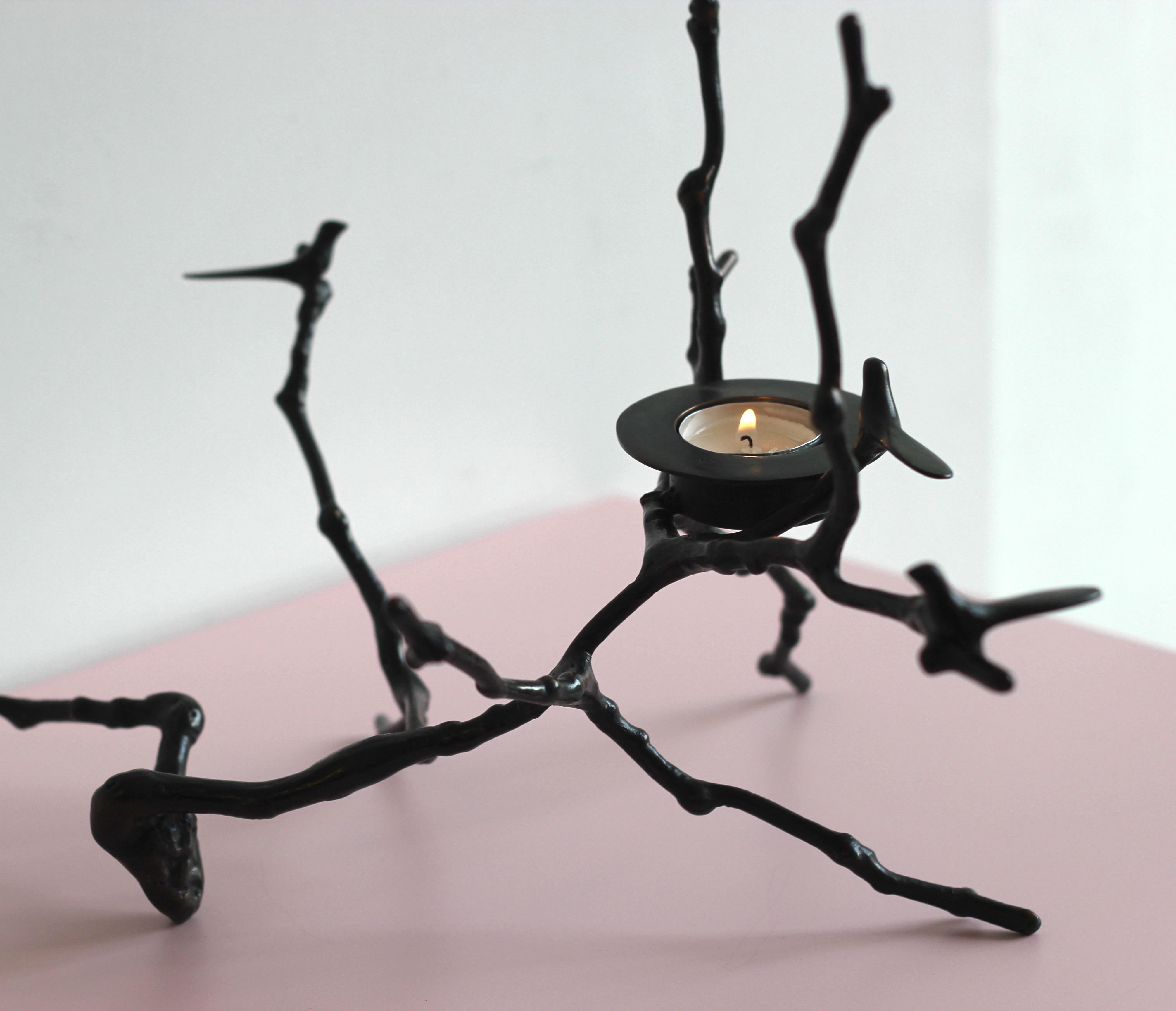 Contemporary Handmade Bronze Cast Magnolia Twig T-Light Holder with Dark Patina, Tall For Sale