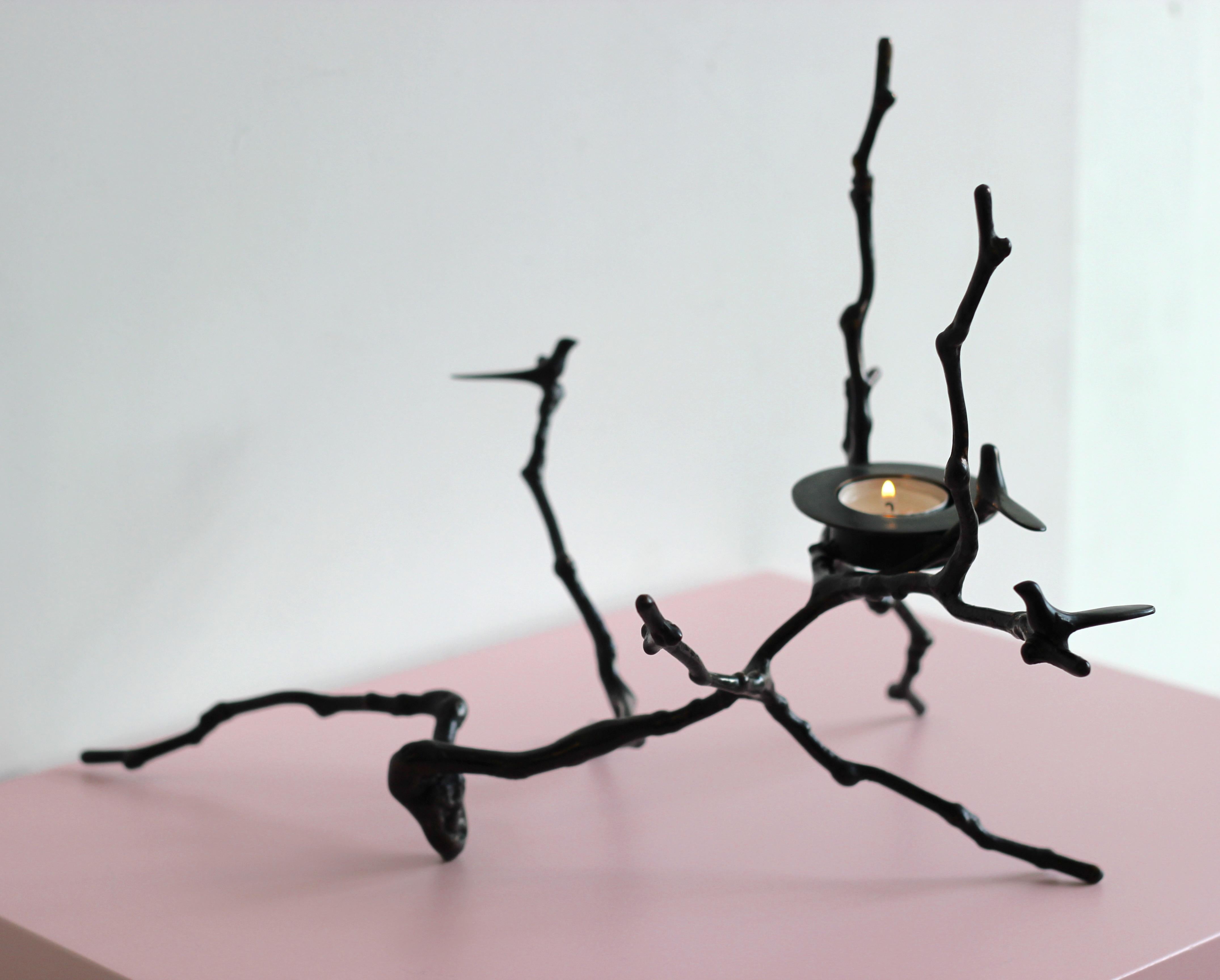 Handmade Bronze Cast Magnolia Twig T-Light Holder with Dark Patina, Tall For Sale 1