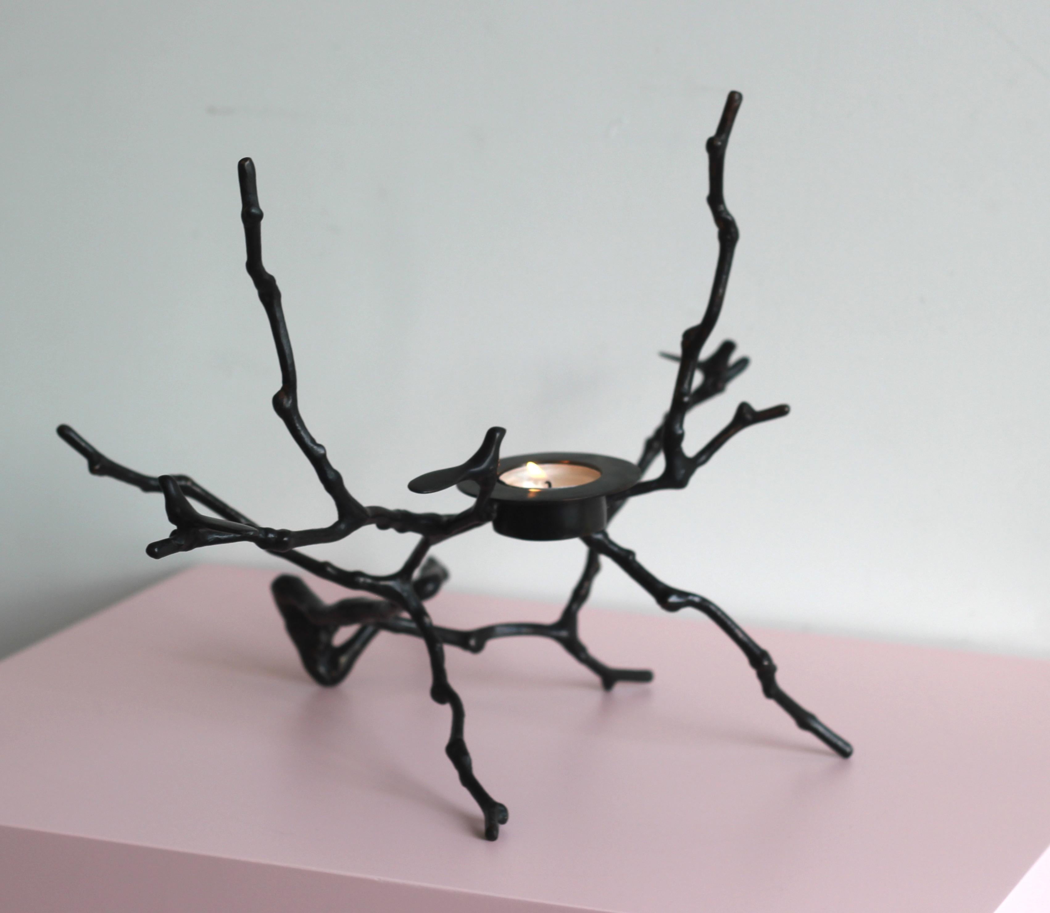 Contemporary Handmade Bronze Cast Magnolia Twig T-Light Holder with Dark Patina, Tall