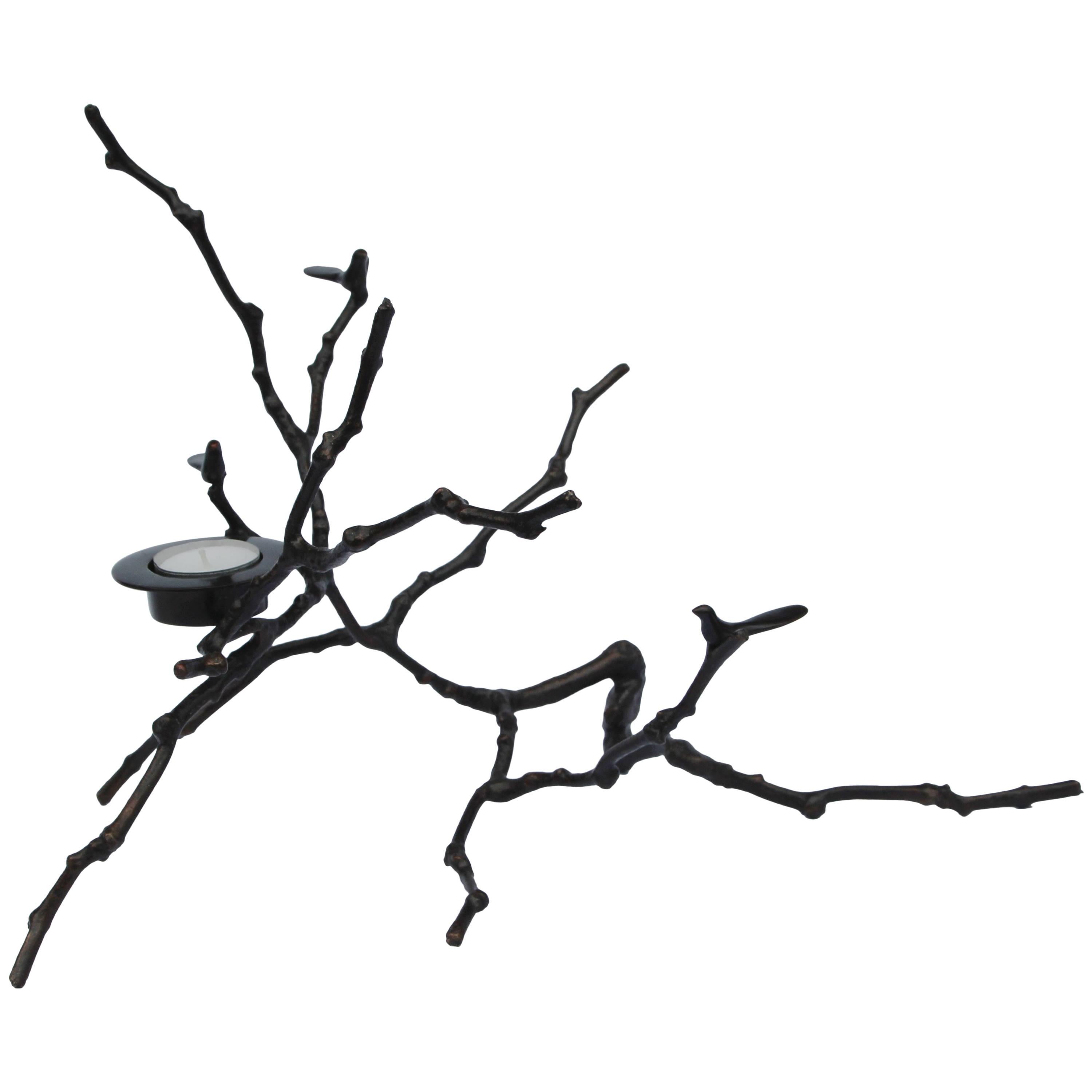 Handgefertigte Bronzeguss-Magnolienzweig-T-Lichthalterung mit dunkler Patina, groß im Angebot