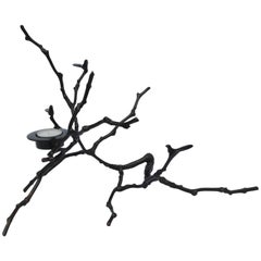 Porte-bougies en T en forme de branche de Magnolia en bronze moulé fabriqué à la main avec patine foncée, grand modèle