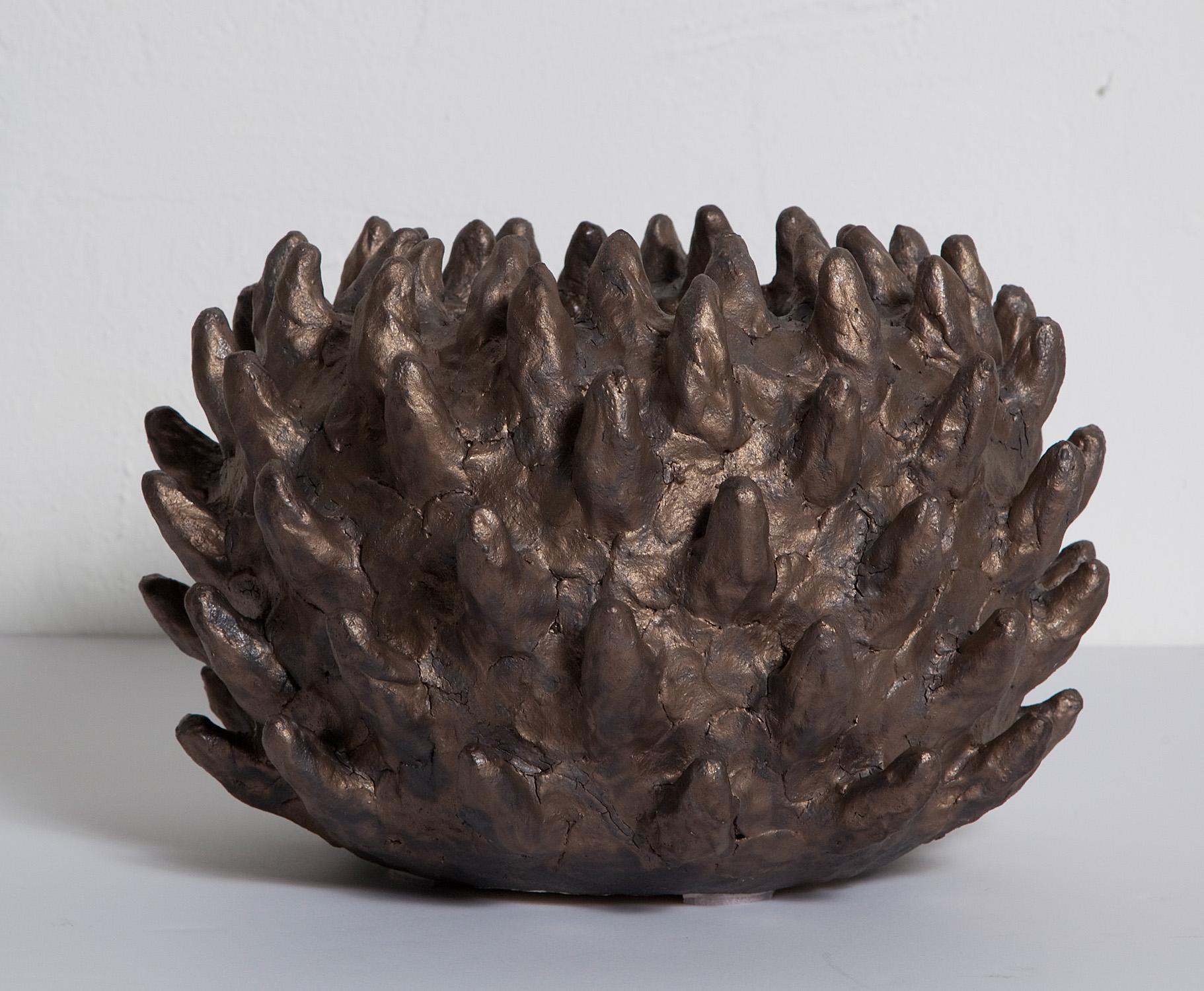 Large bronze-glazed horned ceramic bowl, handmade exclusively for stripe vintage modern by artisan Priscilla Hollingsworth.