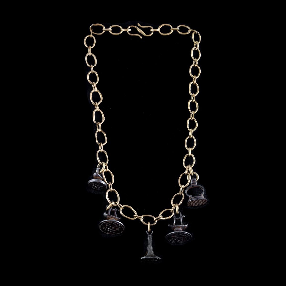 Women's Handmade Bronze Chain Necklace with 1880s Antique Steel Seals For Sale