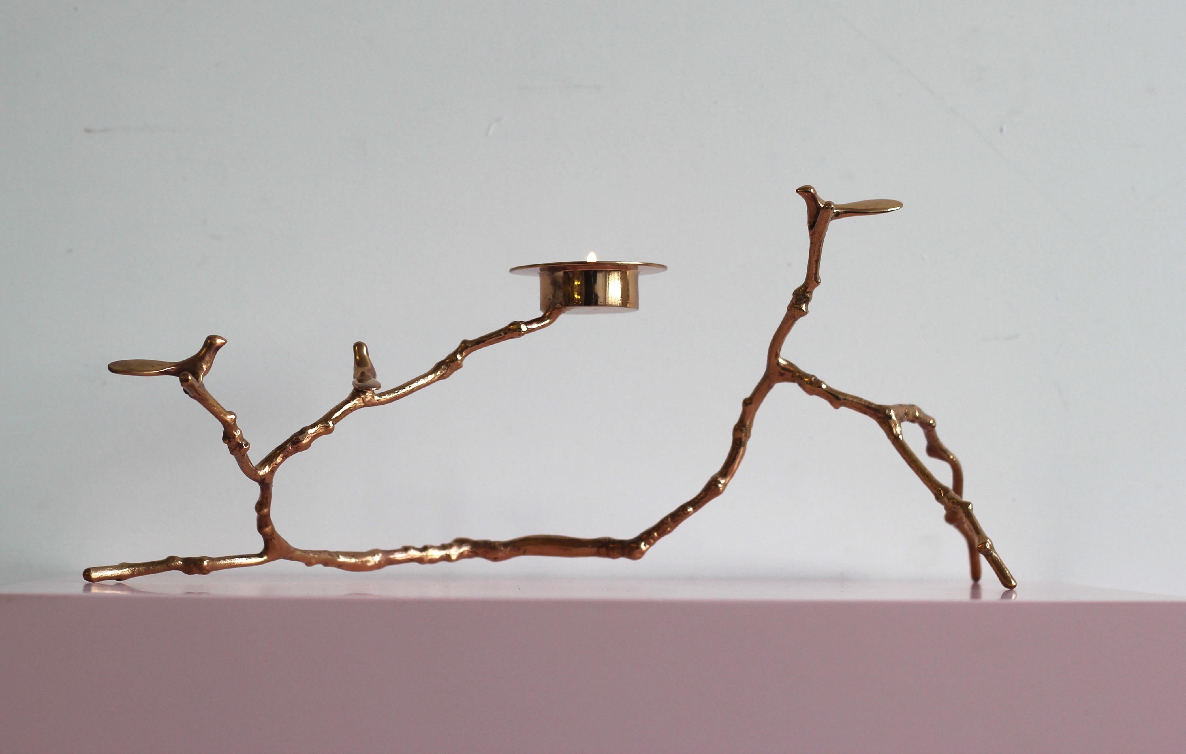 Handmade Bronze Magnolia Twig Tealight Candleholder, Long 3