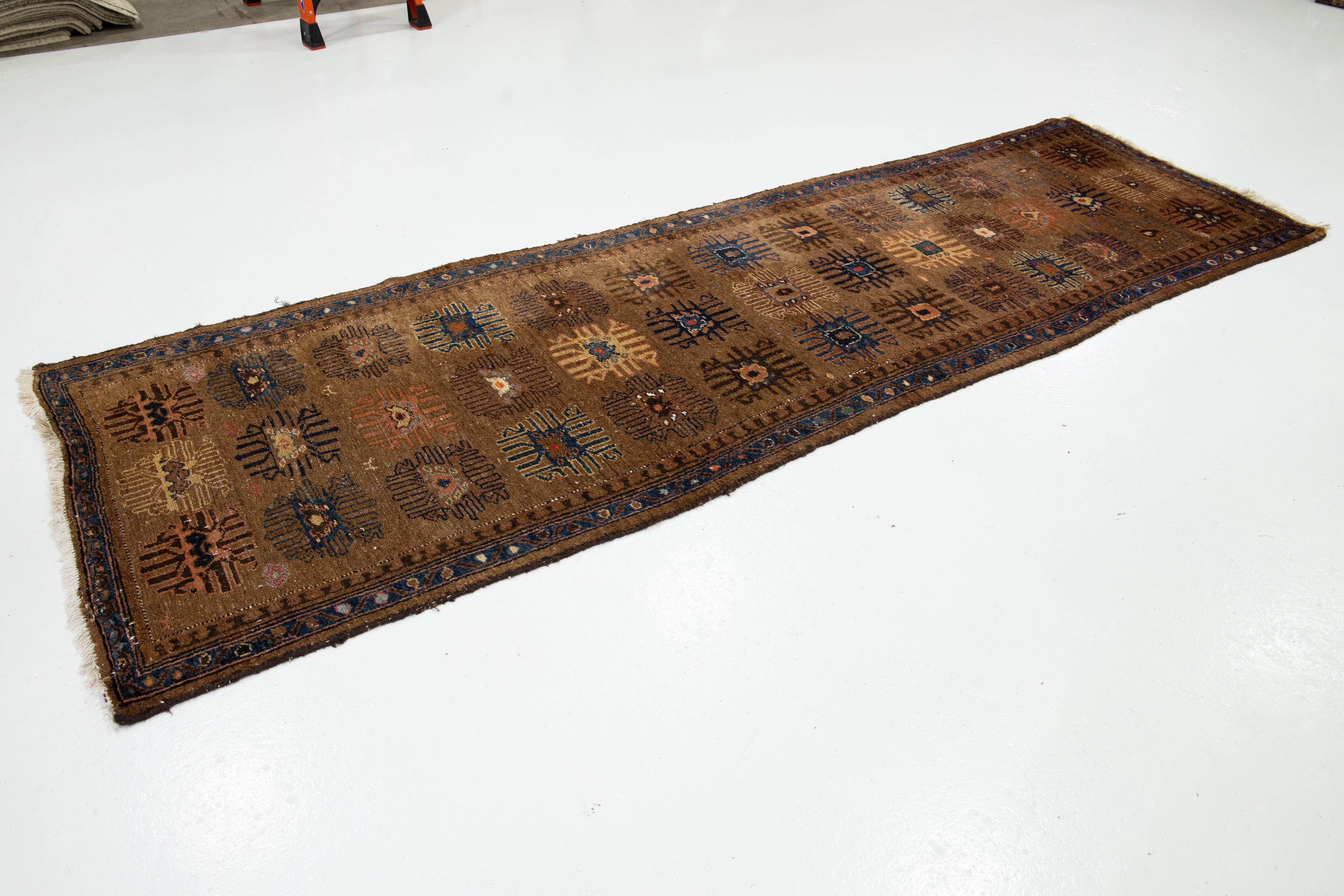 Islamic Handmade Brown Antique Wool Runner Persian Hamadan With Floral Pattern For Sale