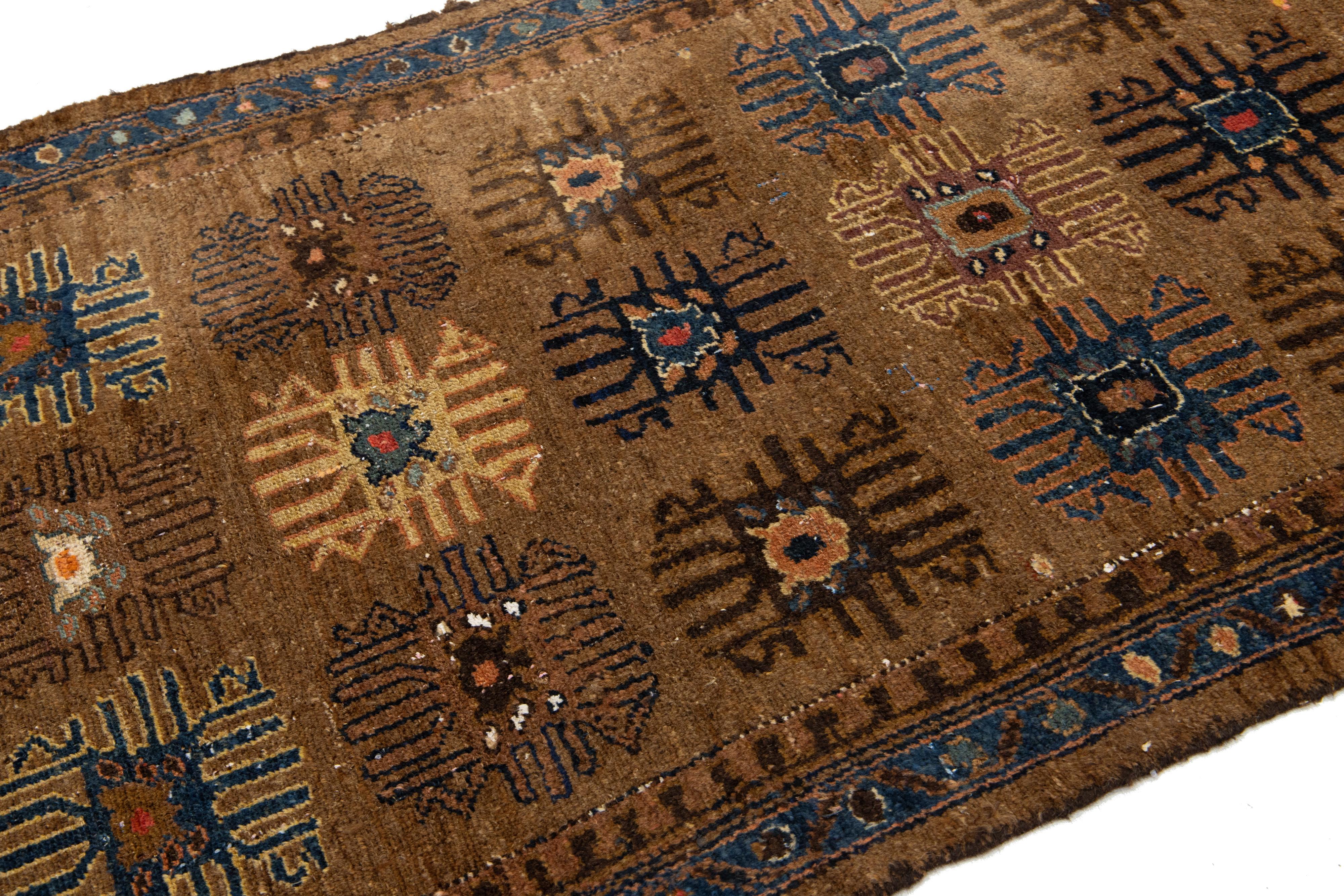 Hand-Knotted Handmade Brown Antique Wool Runner Persian Hamadan With Floral Pattern For Sale