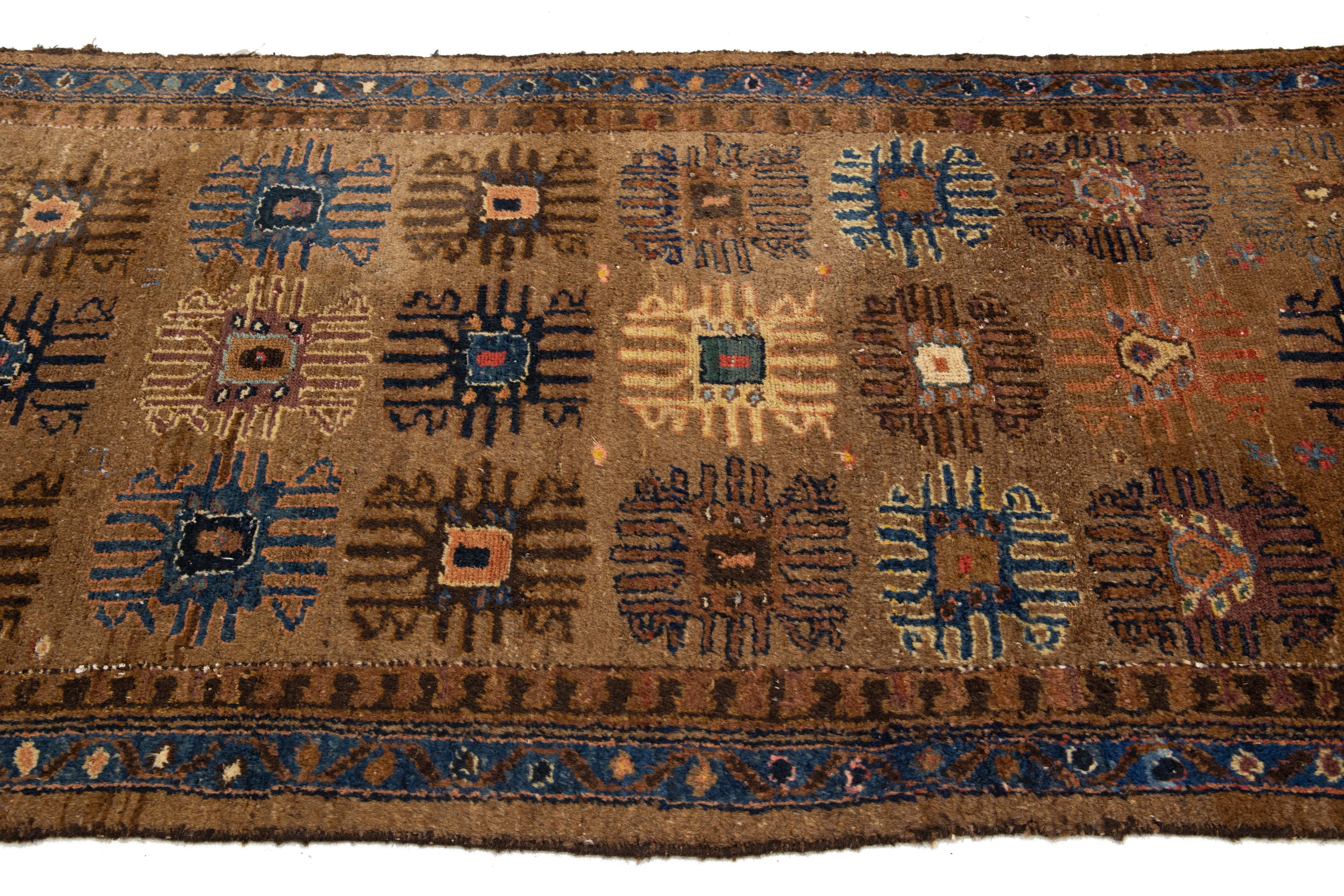 Handmade Brown Antique Wool Runner Persian Hamadan With Floral Pattern In Good Condition For Sale In Norwalk, CT