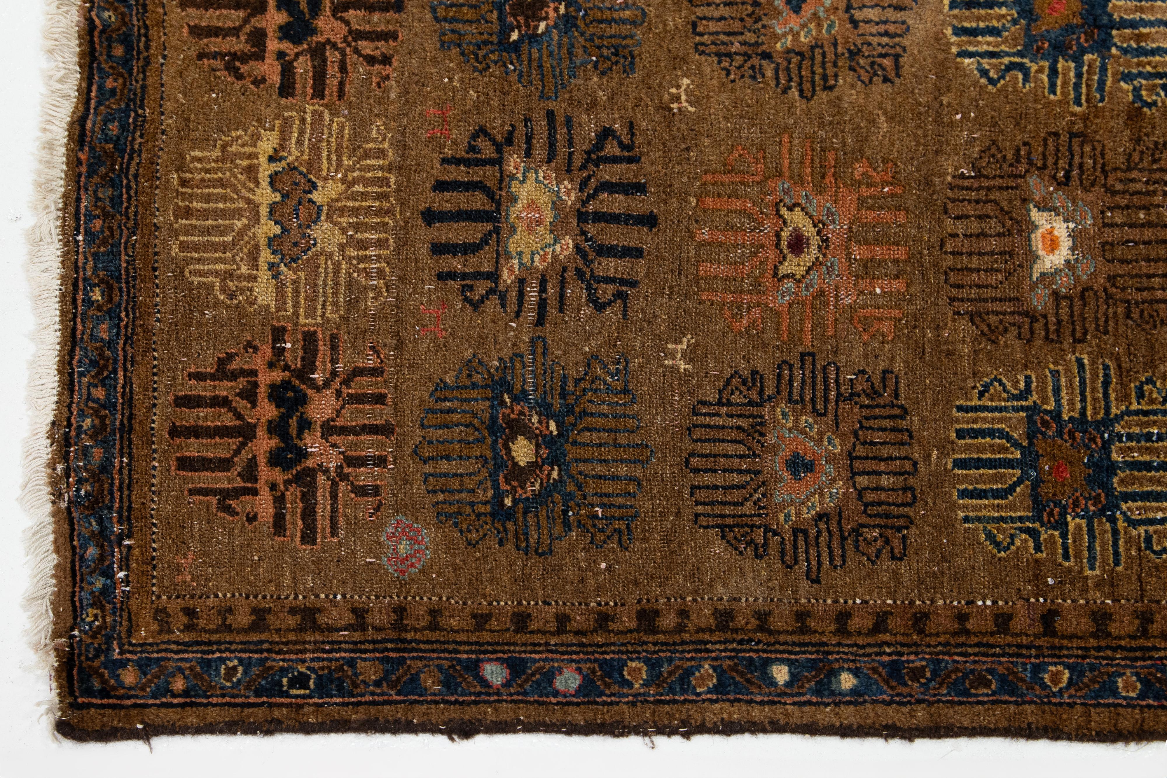 20th Century Handmade Brown Antique Wool Runner Persian Hamadan With Floral Pattern For Sale