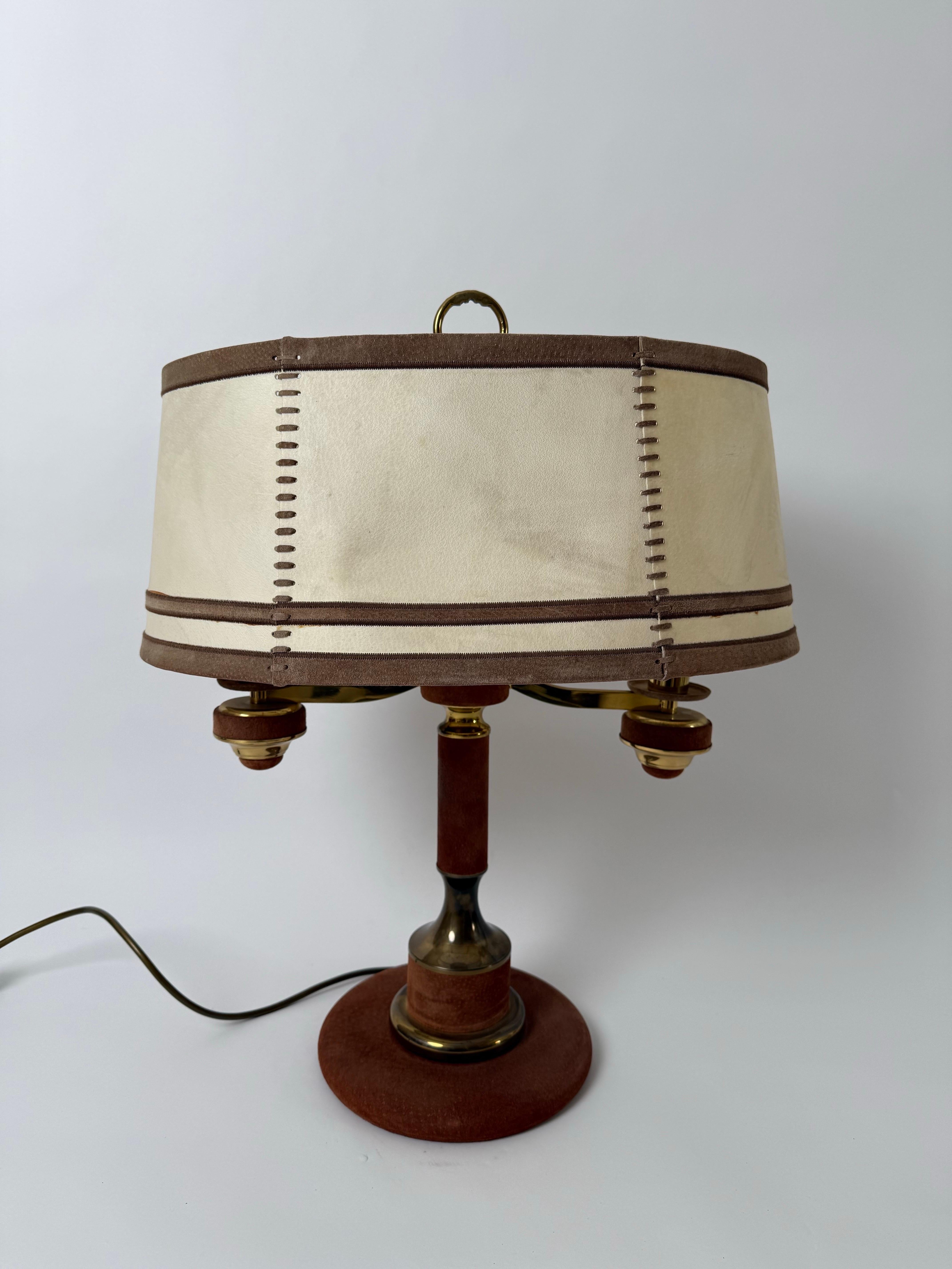 Hollywood Regency Handmade brown Bouillotte Suede Table Lamp by Lederlux For Sale
