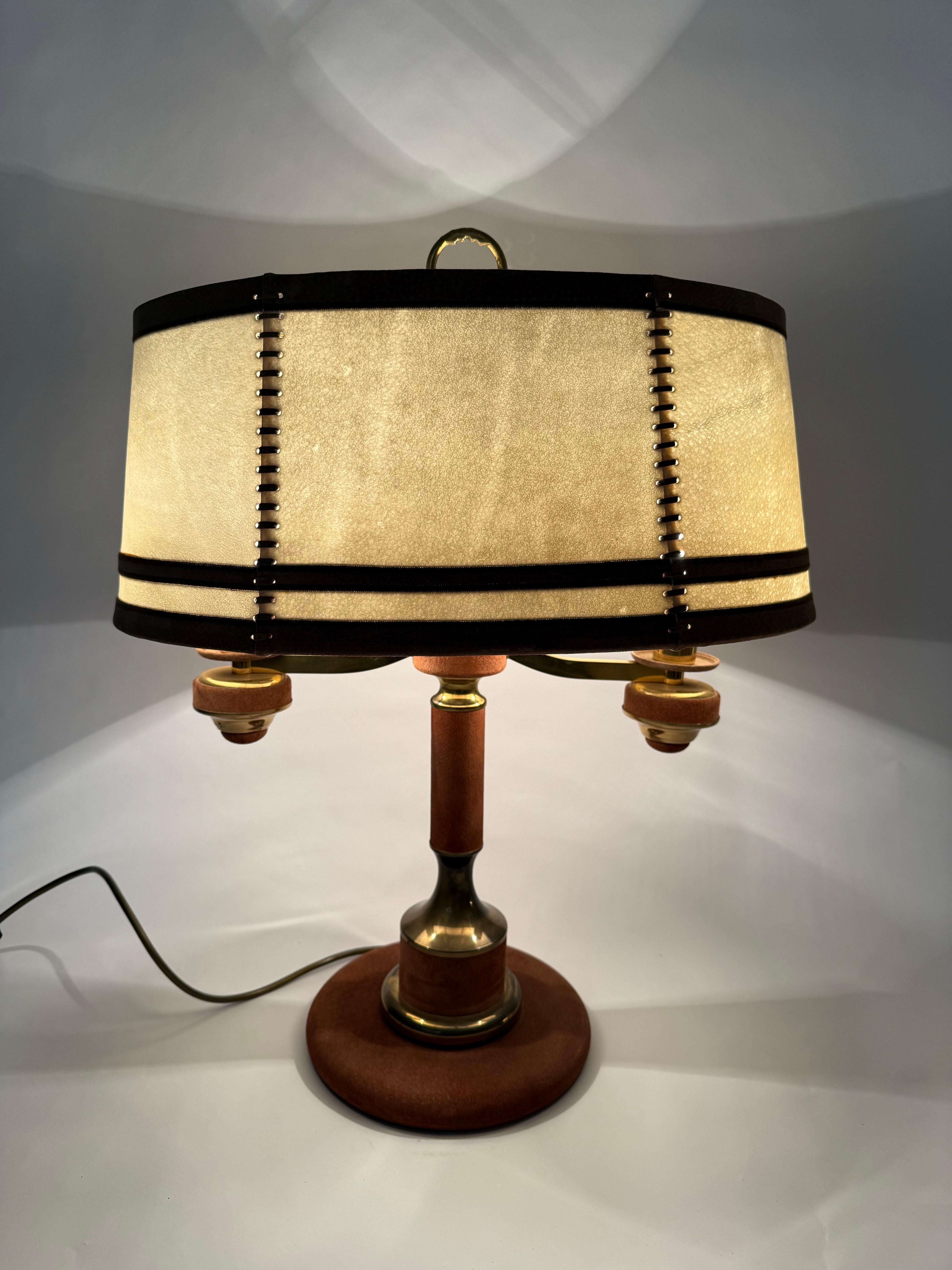 German Handmade brown Bouillotte Suede Table Lamp by Lederlux For Sale