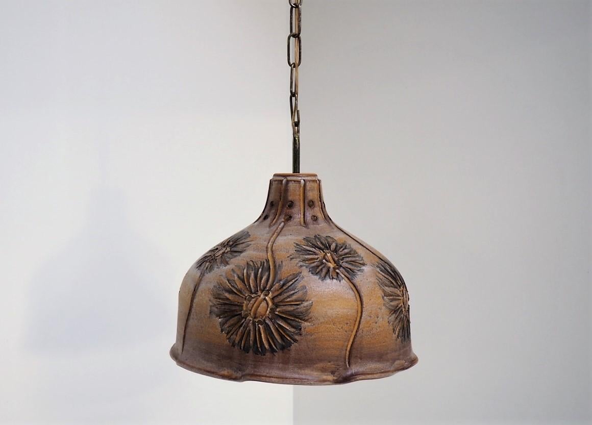 Scandinavian Modern Handmade Brown Glazed Ceramic Pendant  from Danish Hamalux Made in the 1970s For Sale