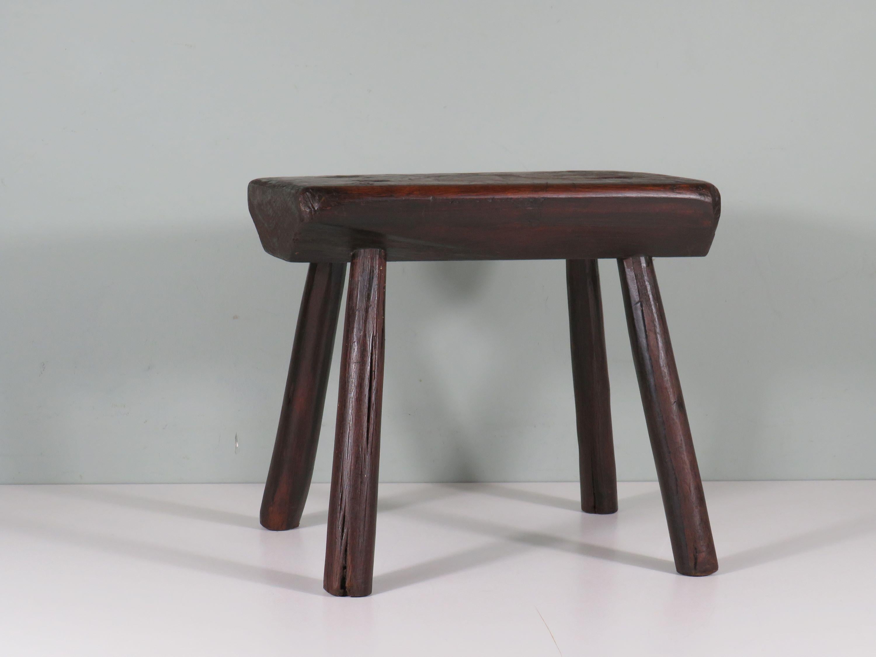 Brutalist Handmade brutalist low oak stool, mid 20th century For Sale