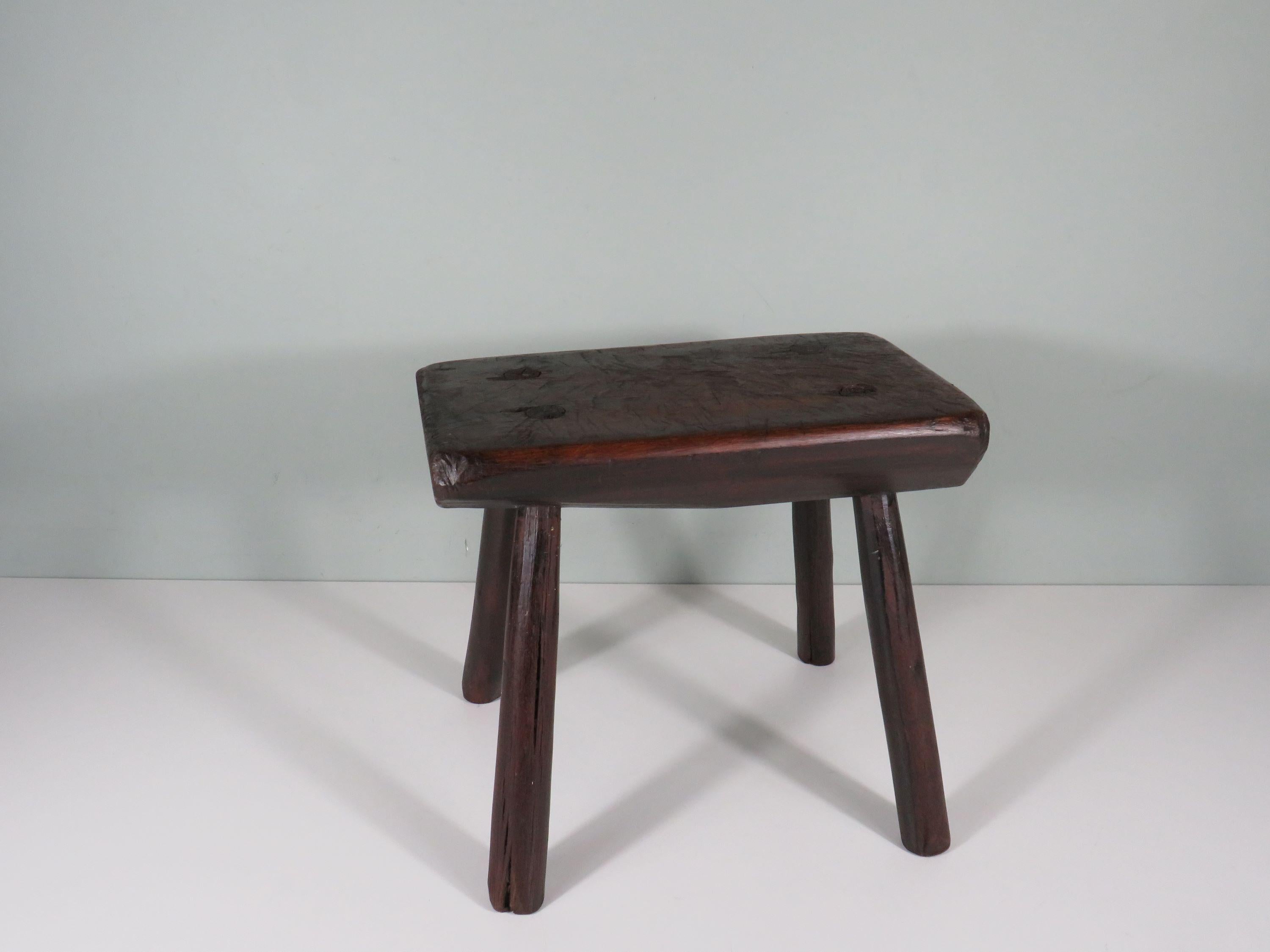 French Handmade brutalist low oak stool, mid 20th century For Sale