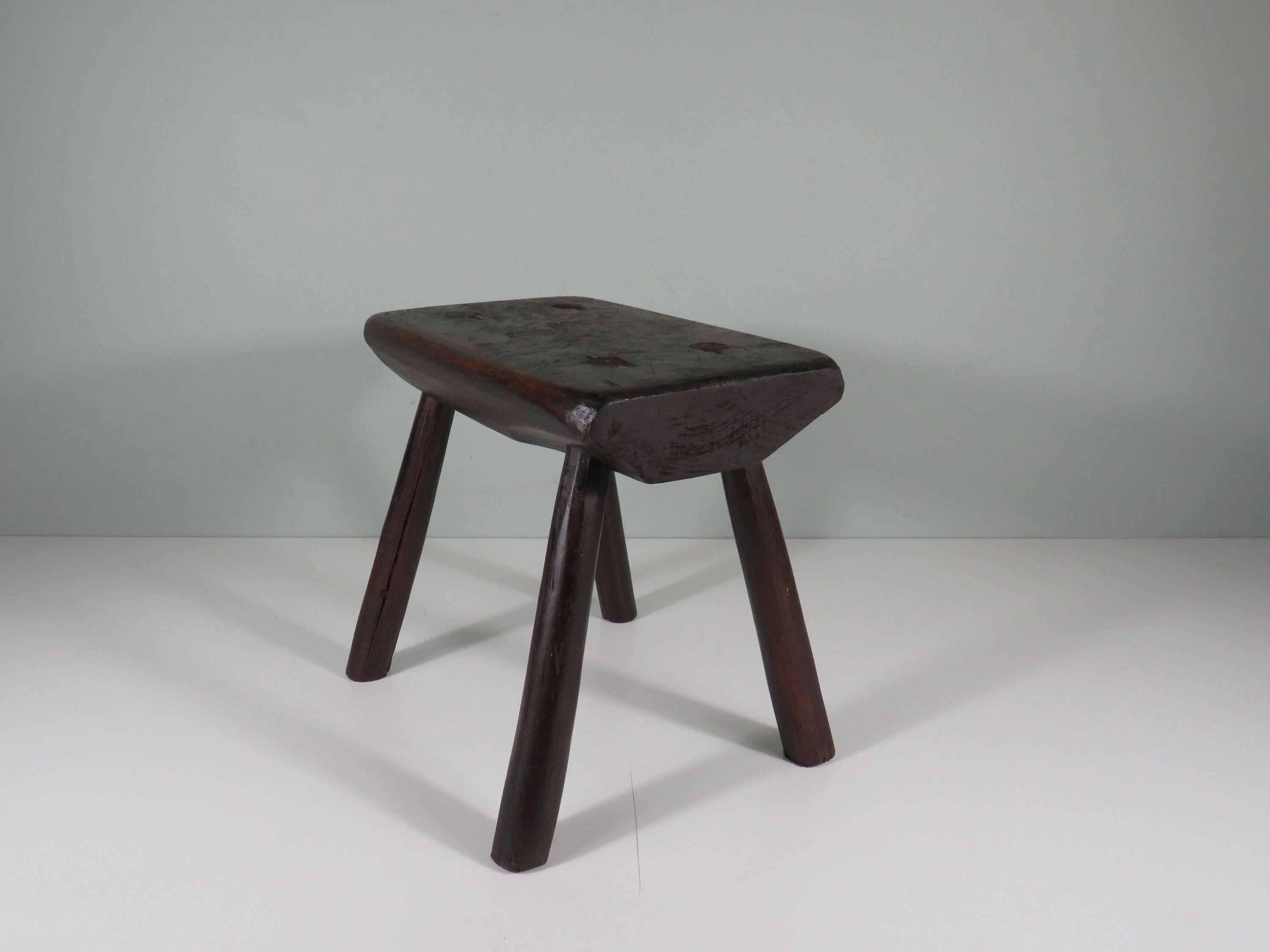 Handmade brutalist low oak stool, mid 20th century For Sale 1